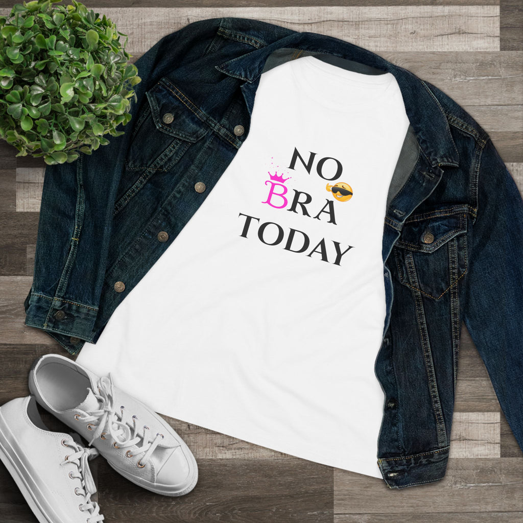 White t-shirt with 'No Bra Today' text, denim jacket, and white sneakers on a wooden floor.