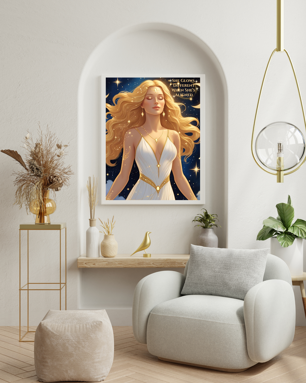 Celestial Goddess Wall Art Printable – “She Glows Different When She’s Aligned” | 8x10 Spiritual Quote Decor