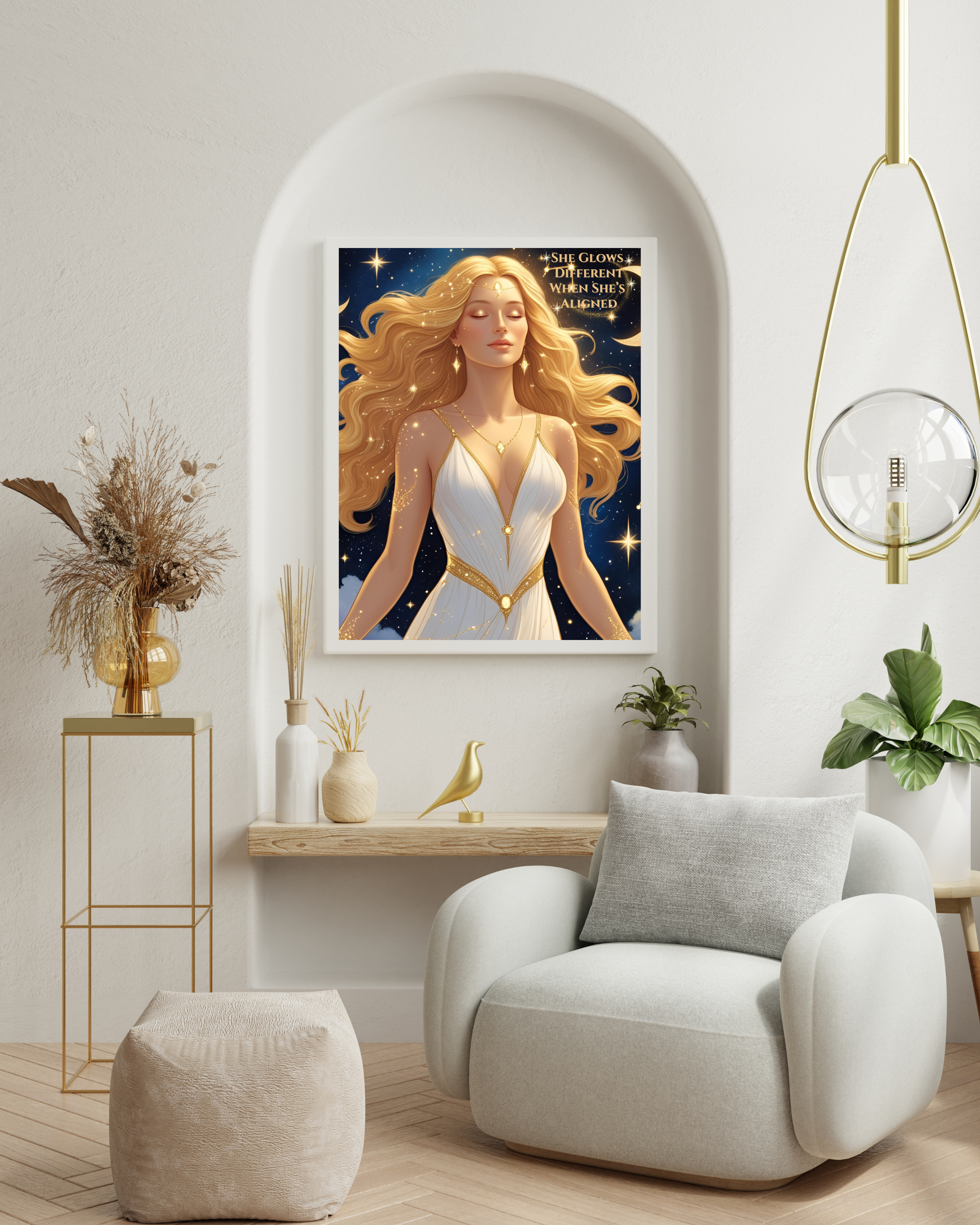 Celestial Goddess Wall Art Printable – “She Glows Different When She’s Aligned” | 8x10 Spiritual Quote Decor