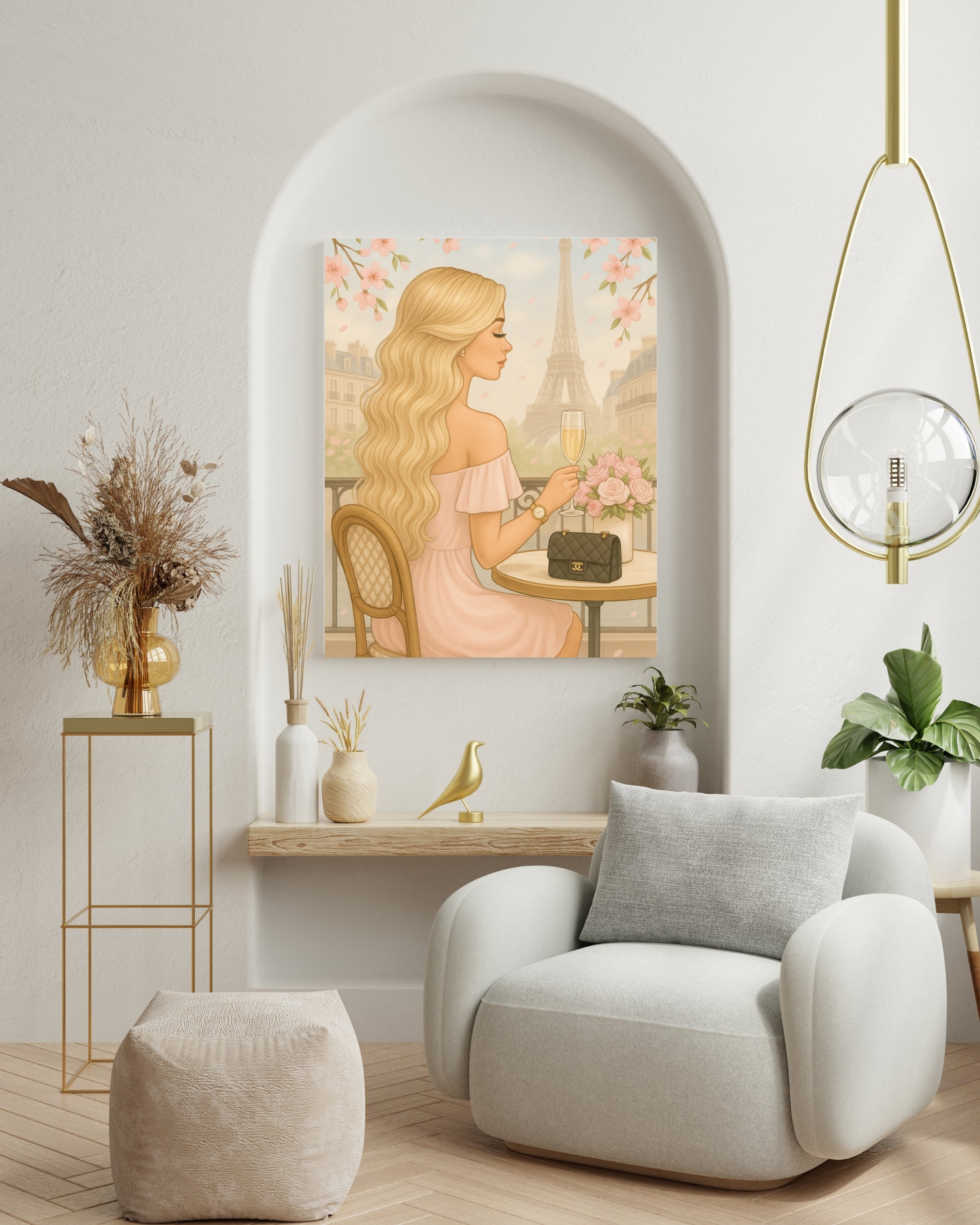 Paris Café Wall Art – Elegant Blonde Woman with Coffee & Croissant | Feminine French Chic Digital Print