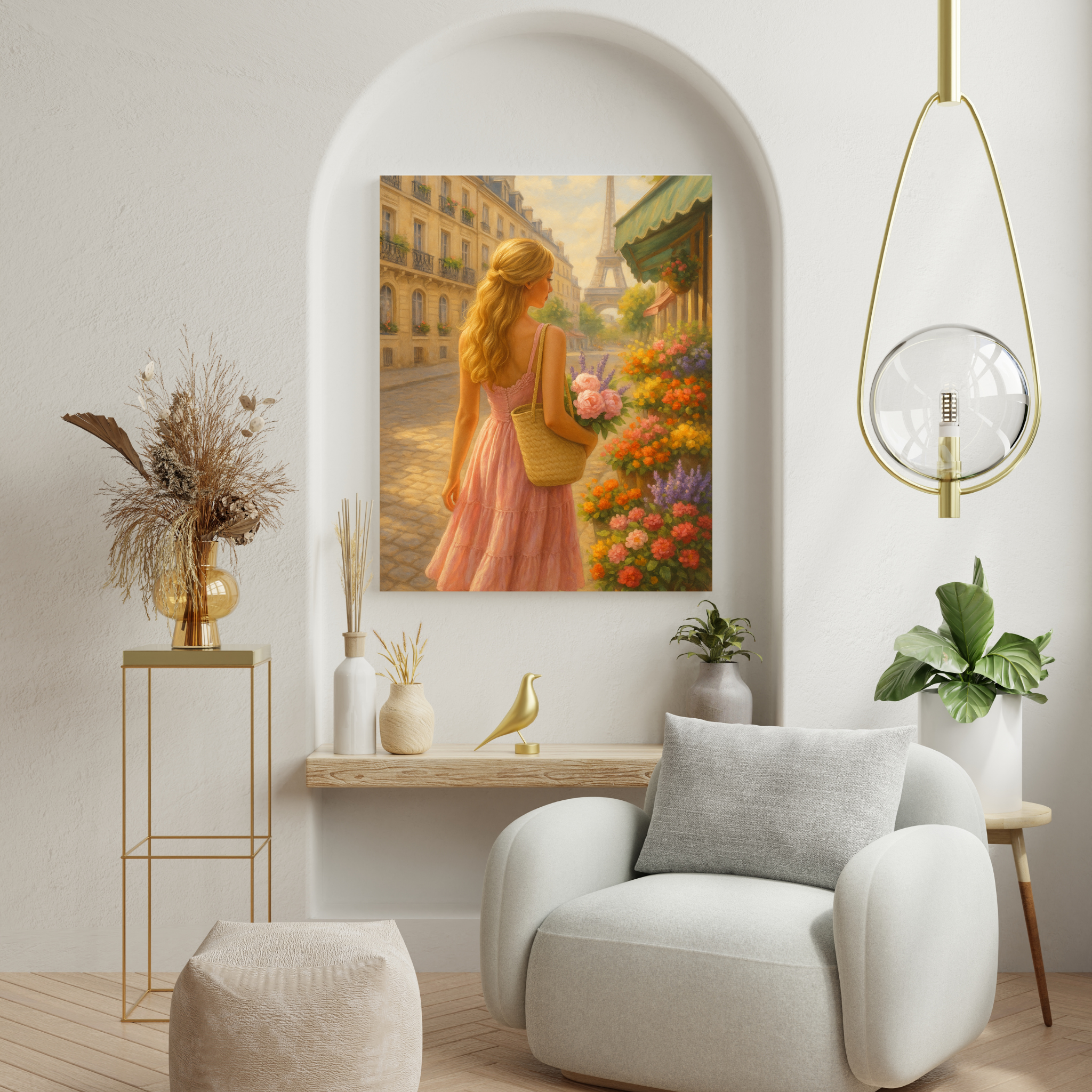 Paris Flower Market Wall Art – Blonde Woman in Pink Dress | Eiffel Tower Printable Decor