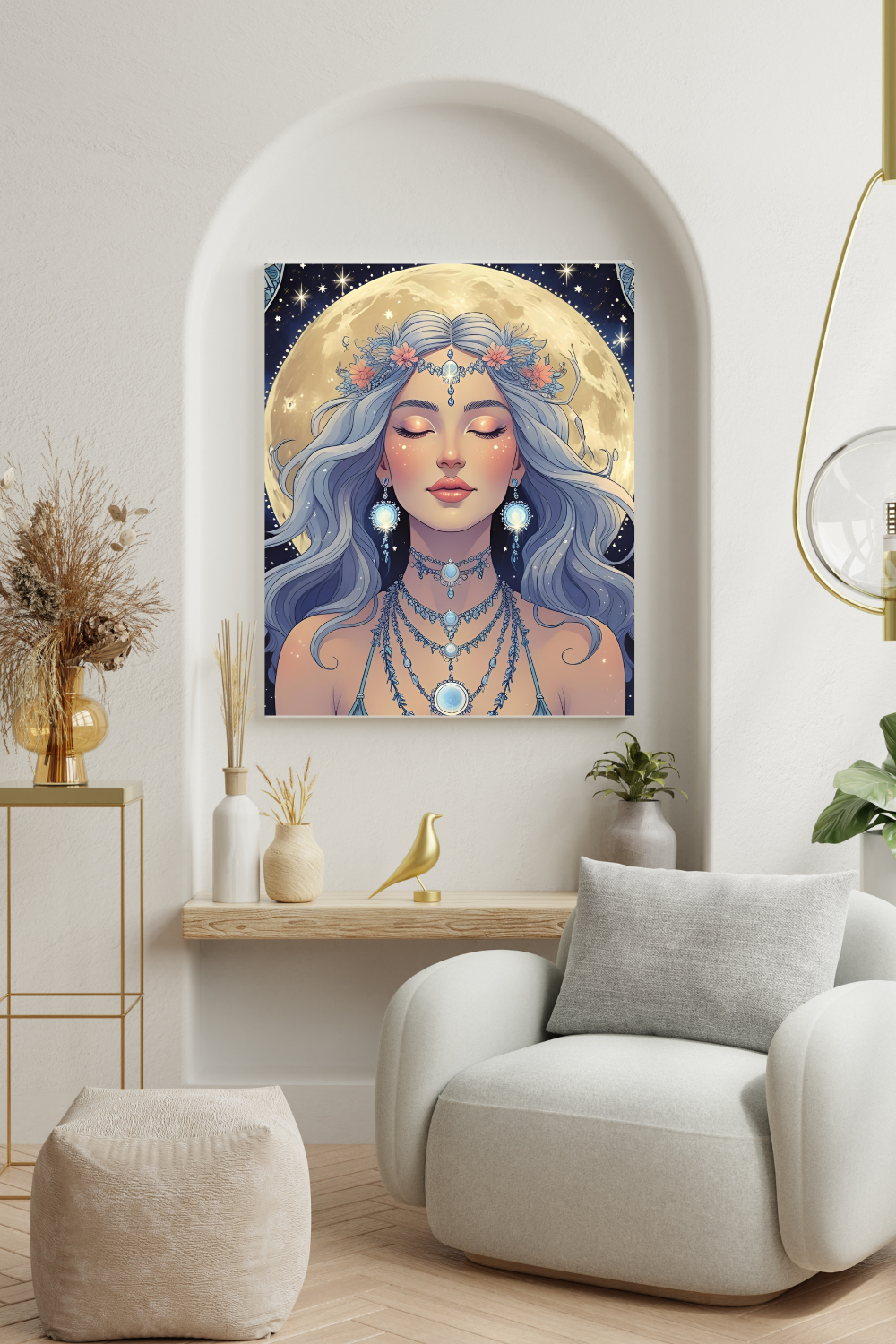 Moon Goddess Digital Wall Art – Mystical Celestial Portrait | Spiritual Printable for Modern Boho Decor