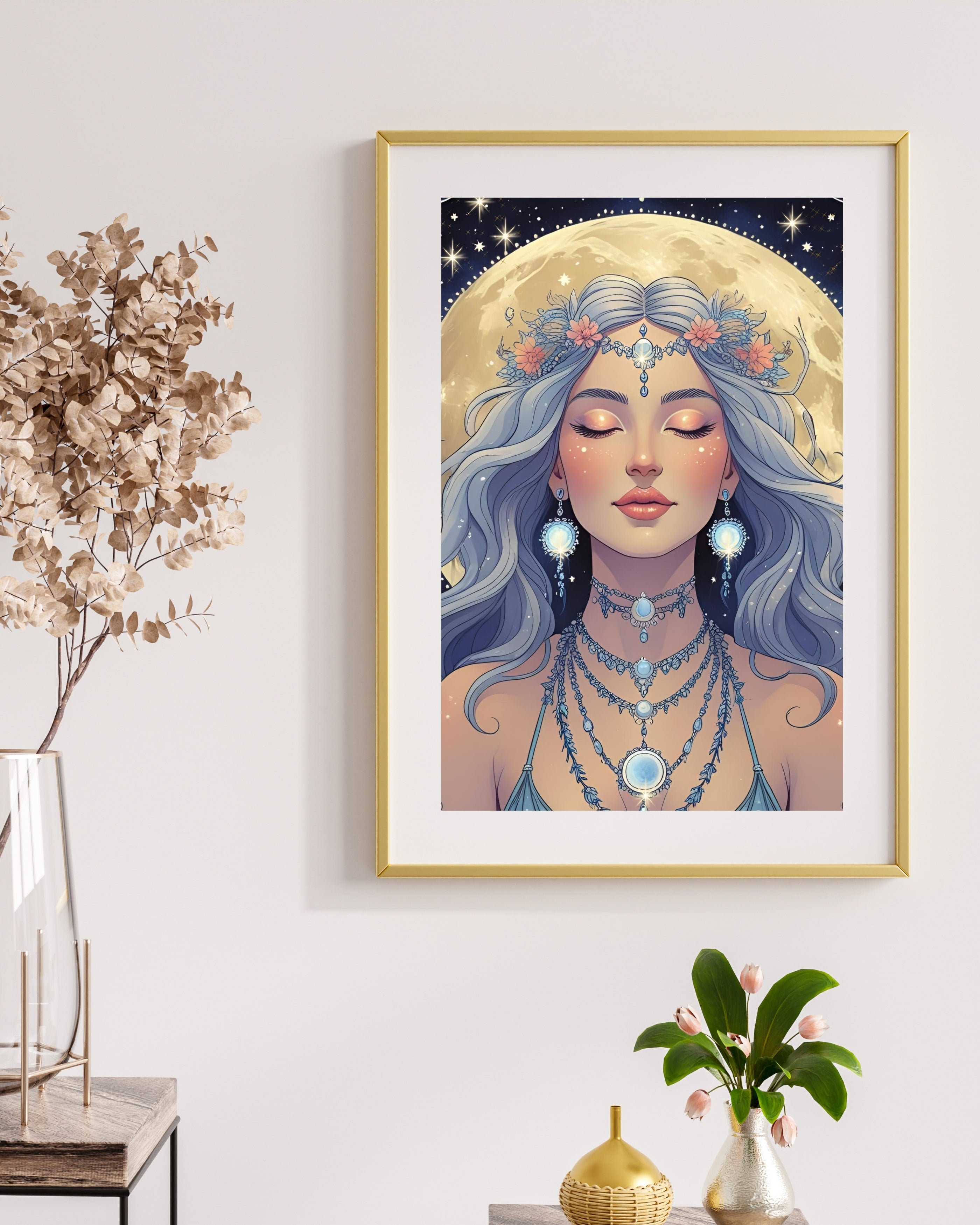 Moon Goddess Digital Wall Art – Mystical Celestial Portrait | Spiritual Printable for Modern Boho Decor