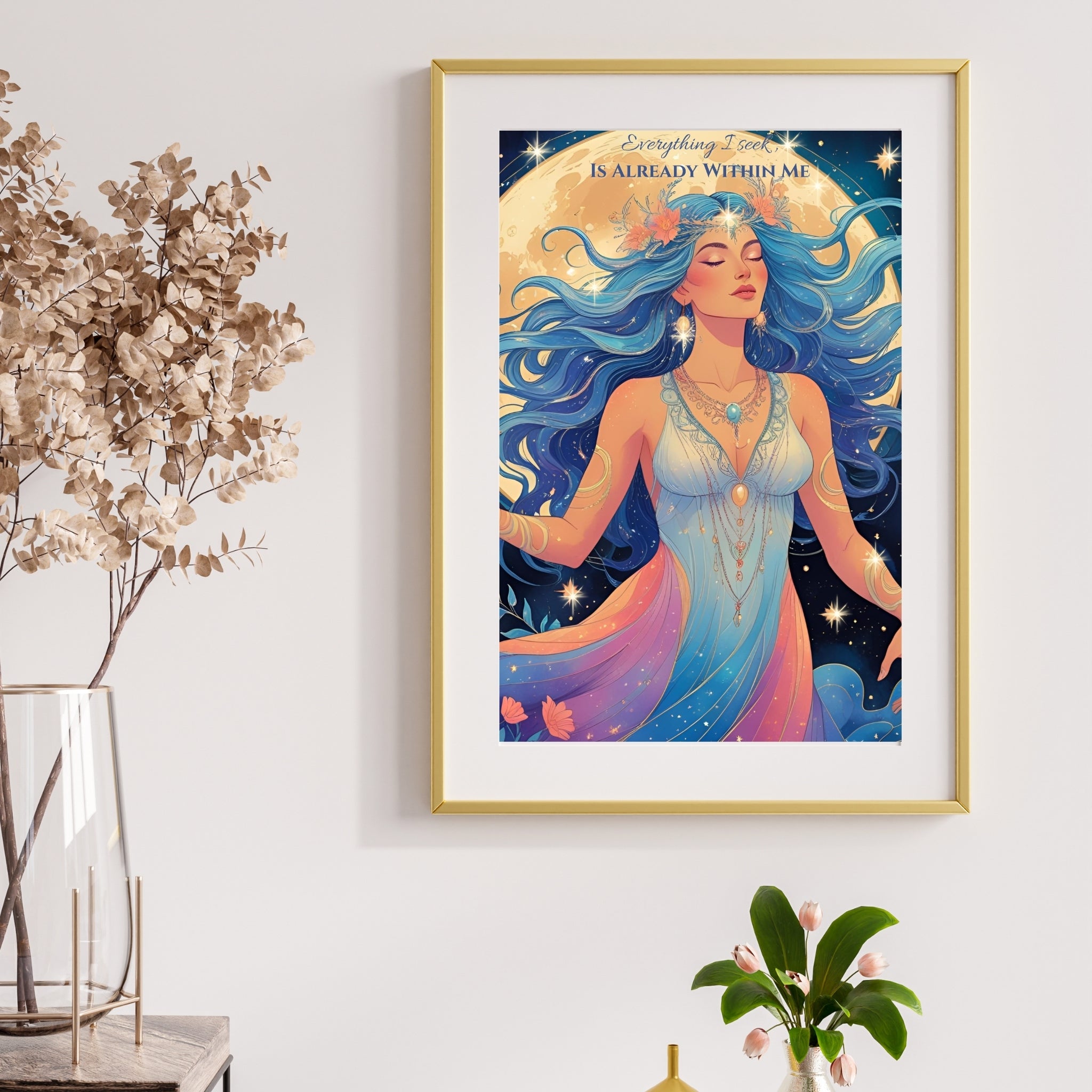 Celestial Goddess Wall Art Printable – Spiritual Moon Decor | Everything I Seek Is Already Within Me