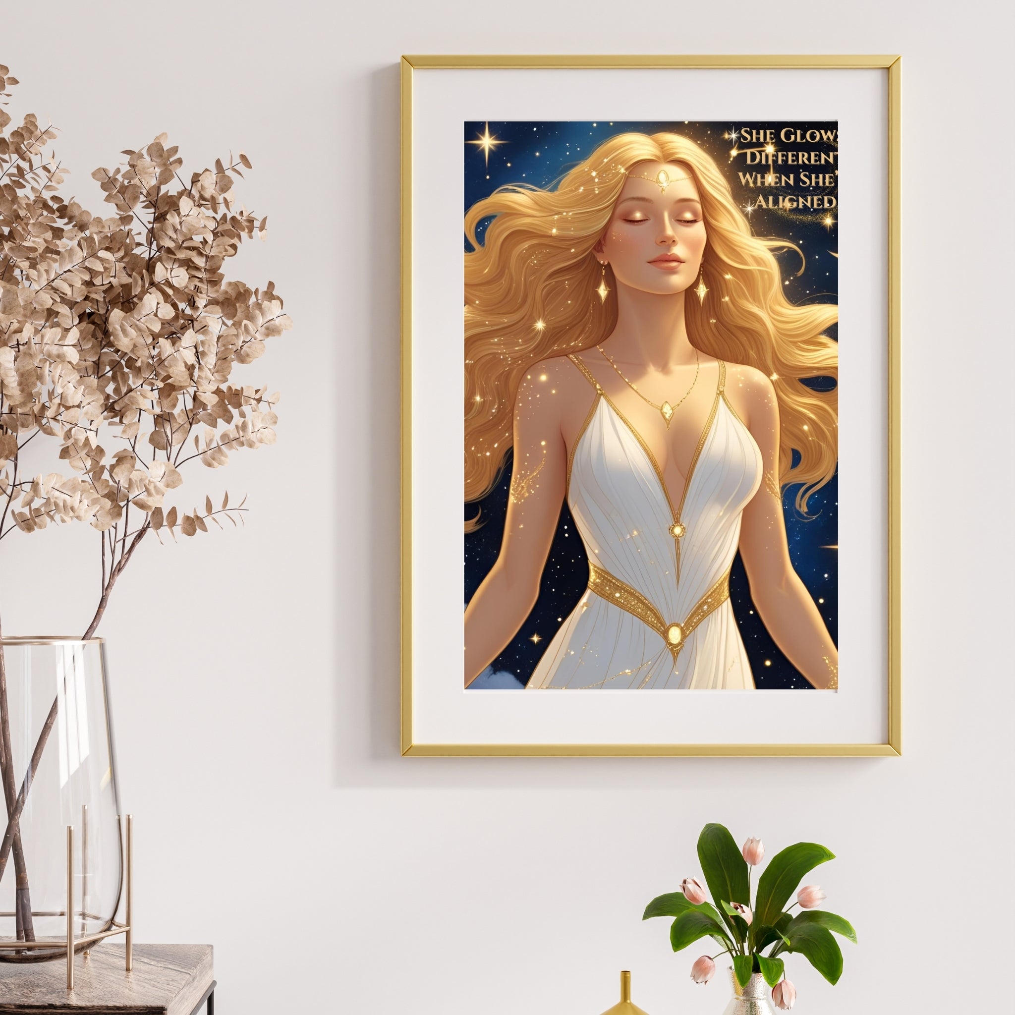 Celestial Goddess Wall Art Printable – “She Glows Different When She’s Aligned” | 8x10 Spiritual Quote Decor