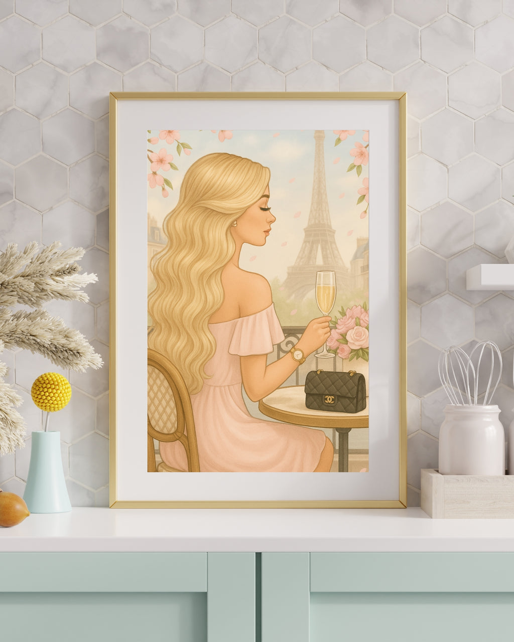 Paris Café Wall Art – Elegant Blonde Woman with Coffee & Croissant | Feminine French Chic Digital Print