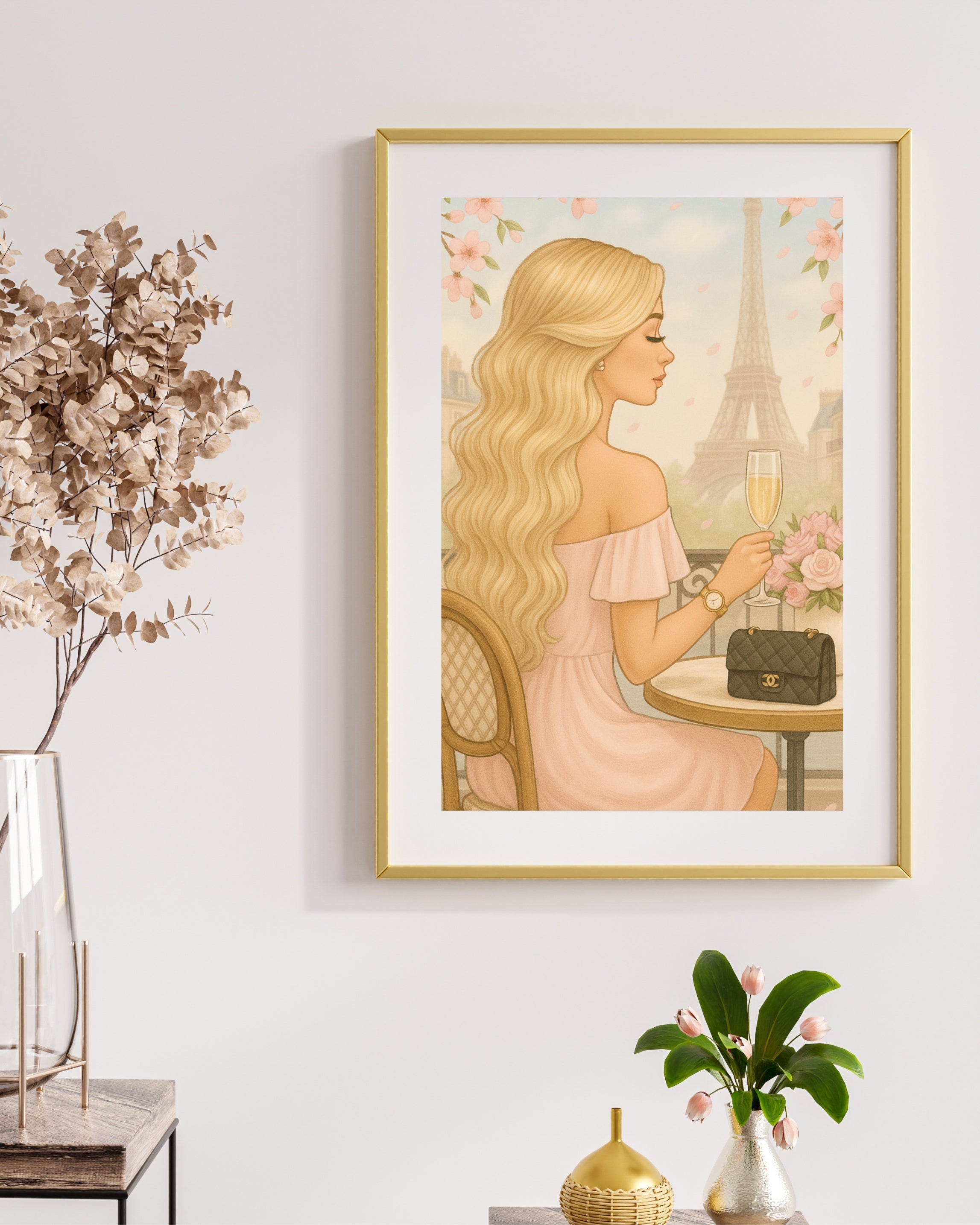 Paris Café Wall Art – Elegant Blonde Woman with Coffee & Croissant | Feminine French Chic Digital Print