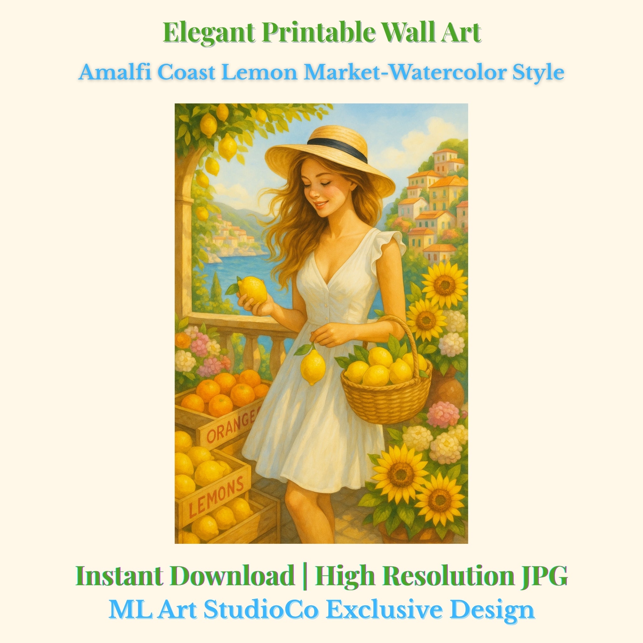 Amalfi Coast Wall Art – Lemon Market Printable | Italian Kitchen Decor