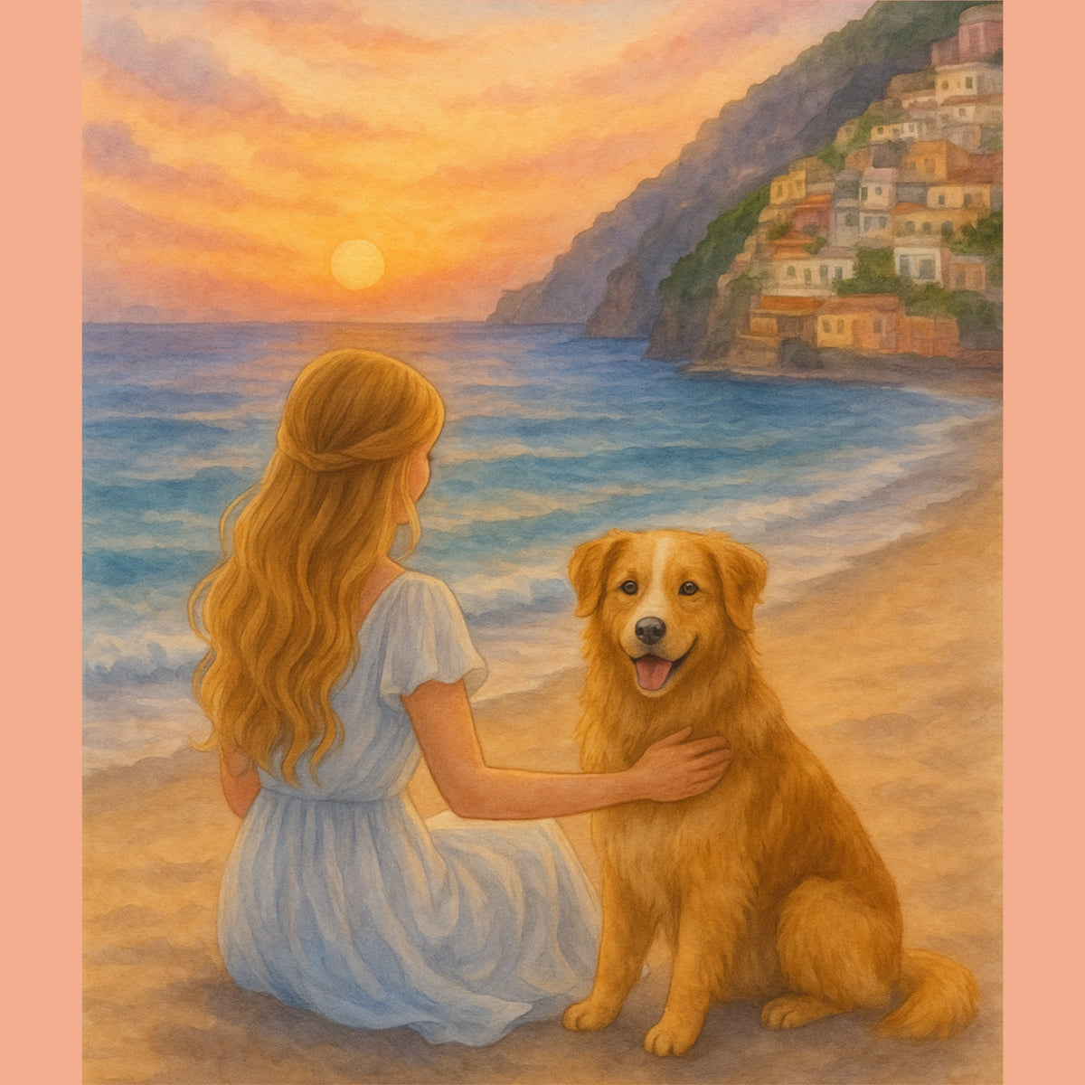 Woman in a blue dress sitting on a beach with a golden retriever at sunset.