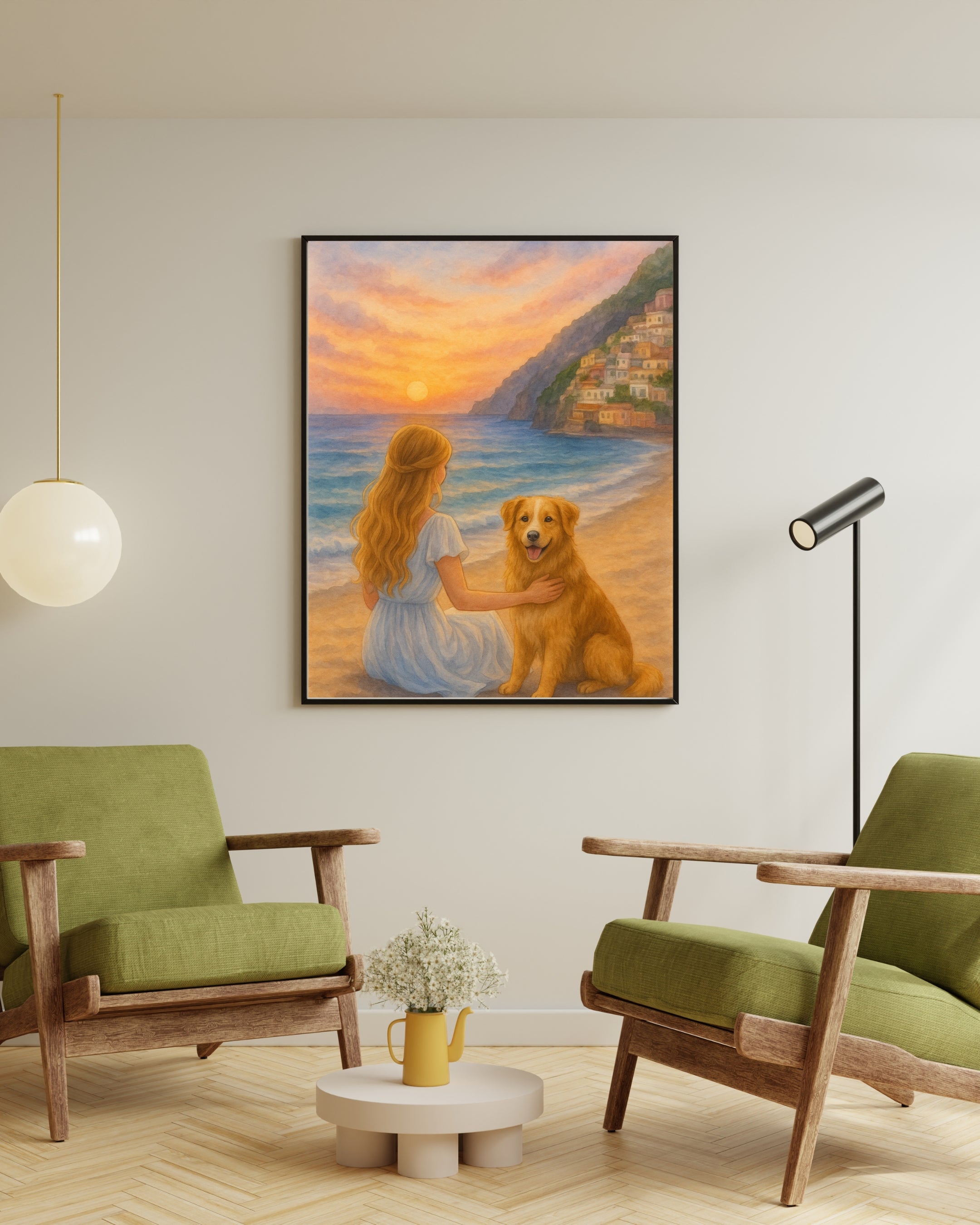 Living room with green armchairs, a small table, and a painting of a woman and dog on a beach.