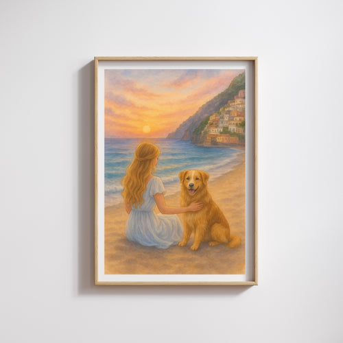 Framed artwork of a woman and dog on a beach at sunset.