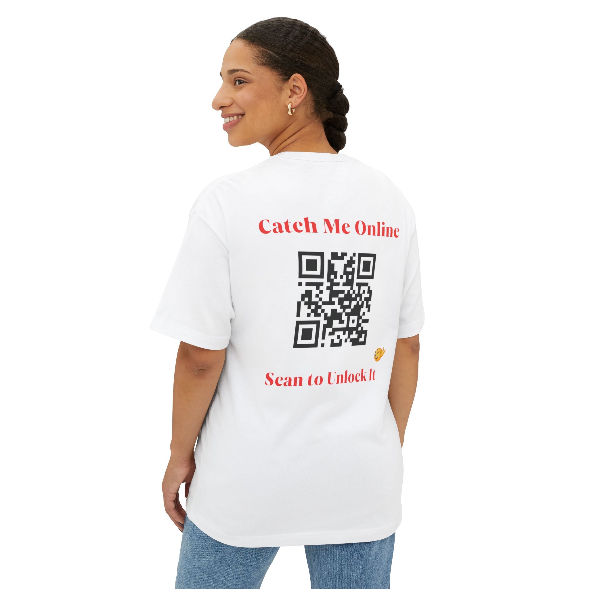 Person wearing a white t-shirt with a QR code and text on the back