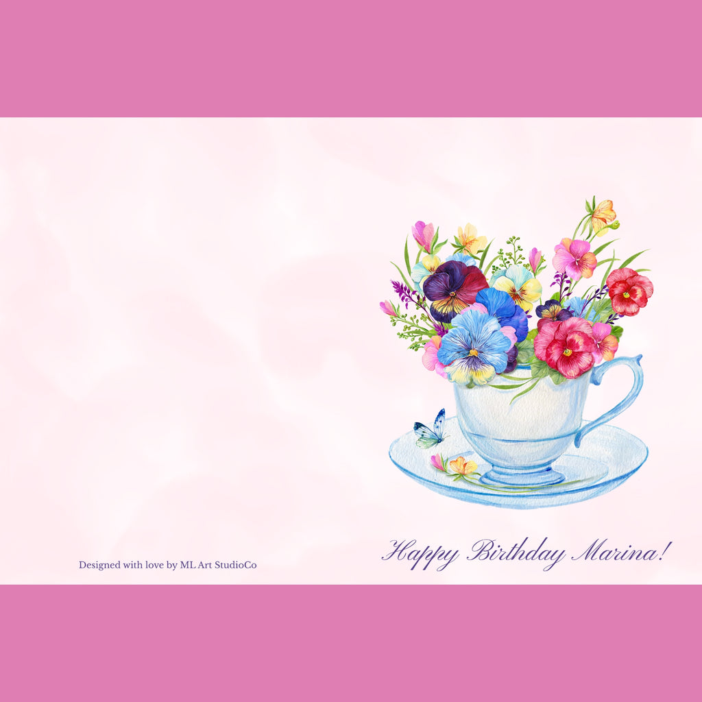 Editable Birthday Card – Foldable Pink Watercolor Greeting, Printable 5x7 Floral Template (Canva)