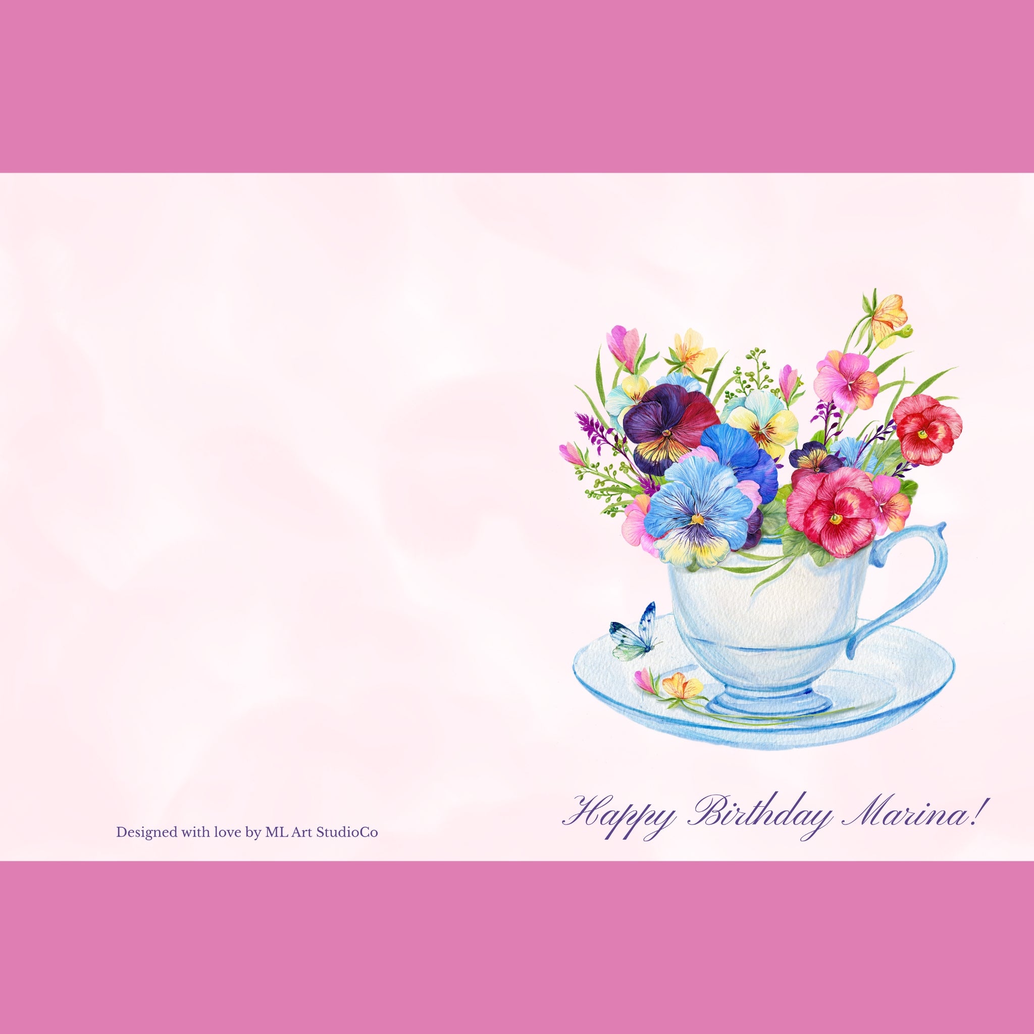 Editable Birthday Card – Foldable Pink Watercolor Greeting, Printable 5x7 Floral Template (Canva)