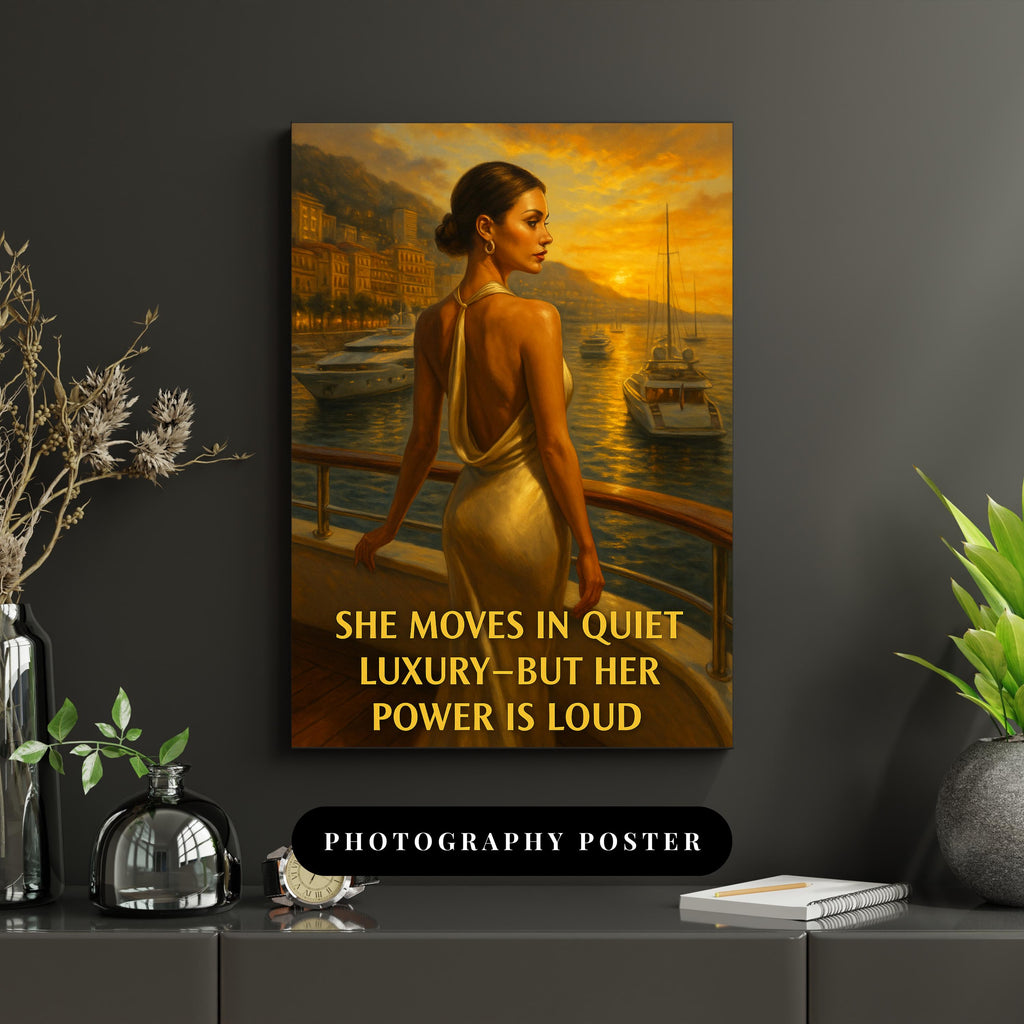 Elegant Woman in Monaco Wall Art – Digital Printable Luxury Poster, Fashionable Sunset Yacht Scene with Empowering Quote