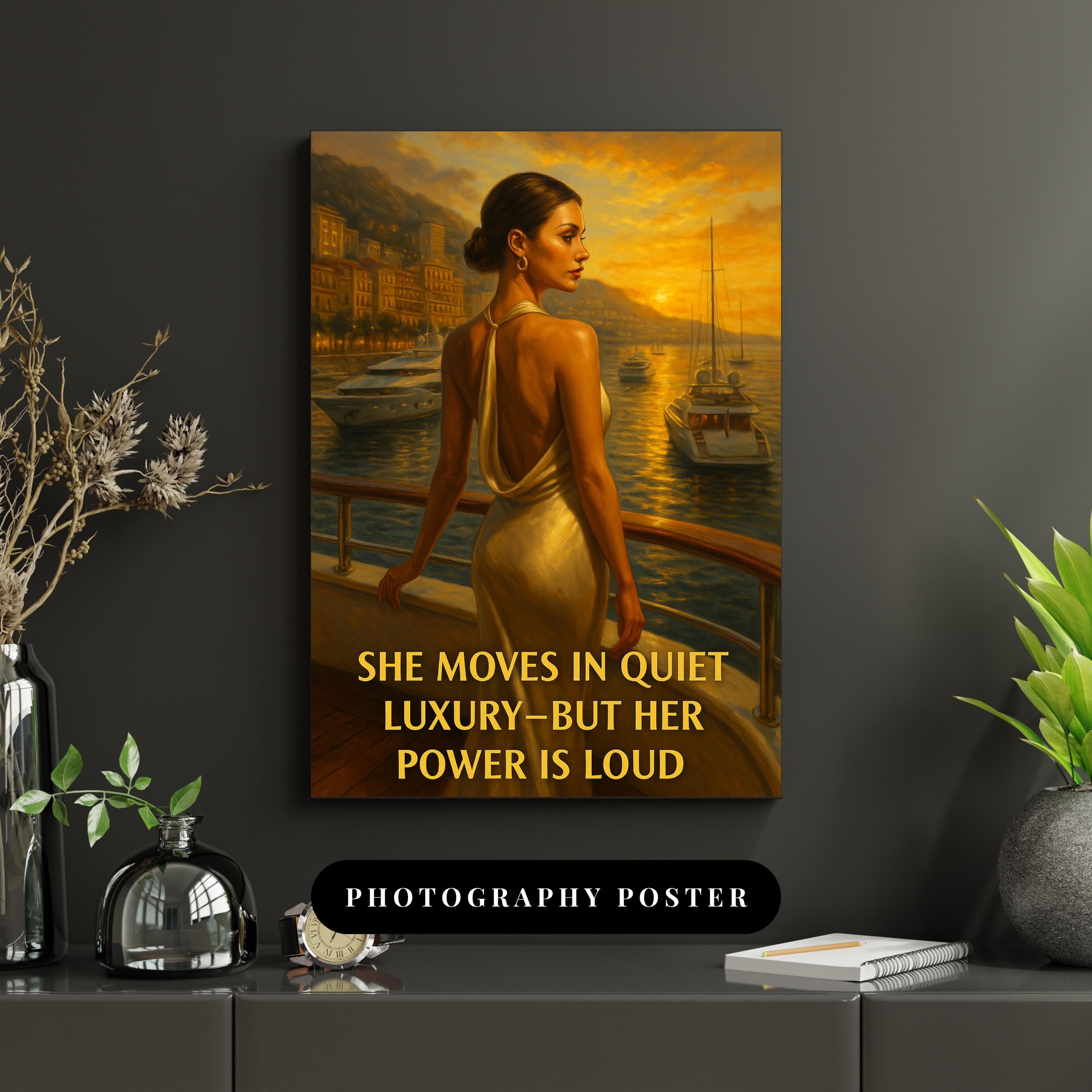 Elegant Woman in Monaco Wall Art – Digital Printable Luxury Poster, Fashionable Sunset Yacht Scene with Empowering Quote