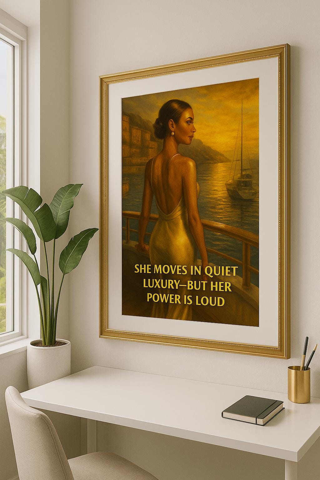 Elegant Woman in Monaco Wall Art – Digital Printable Luxury Poster, Fashionable Sunset Yacht Scene with Empowering Quote