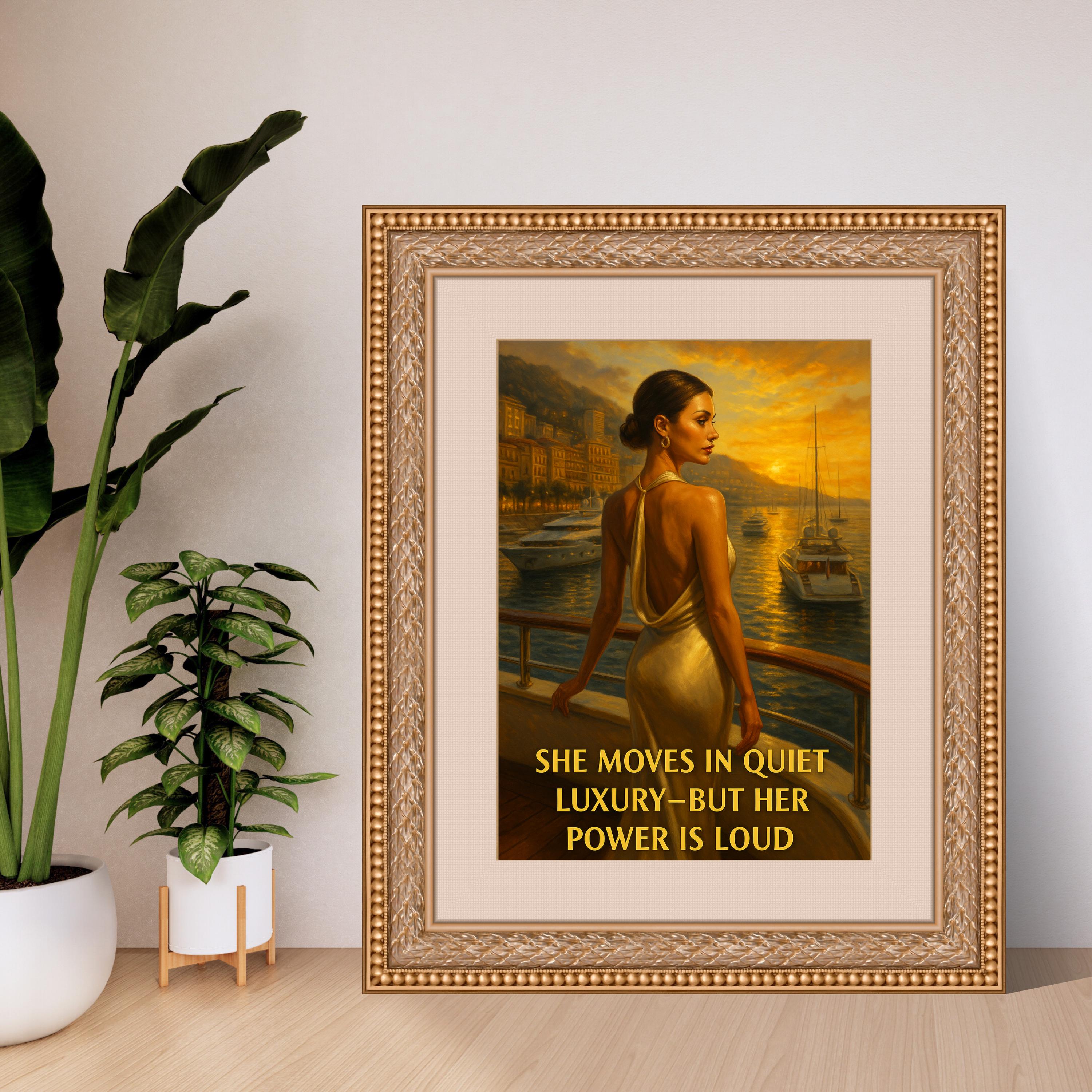 Elegant Woman in Monaco Wall Art – Digital Printable Luxury Poster, Fashionable Sunset Yacht Scene with Empowering Quote