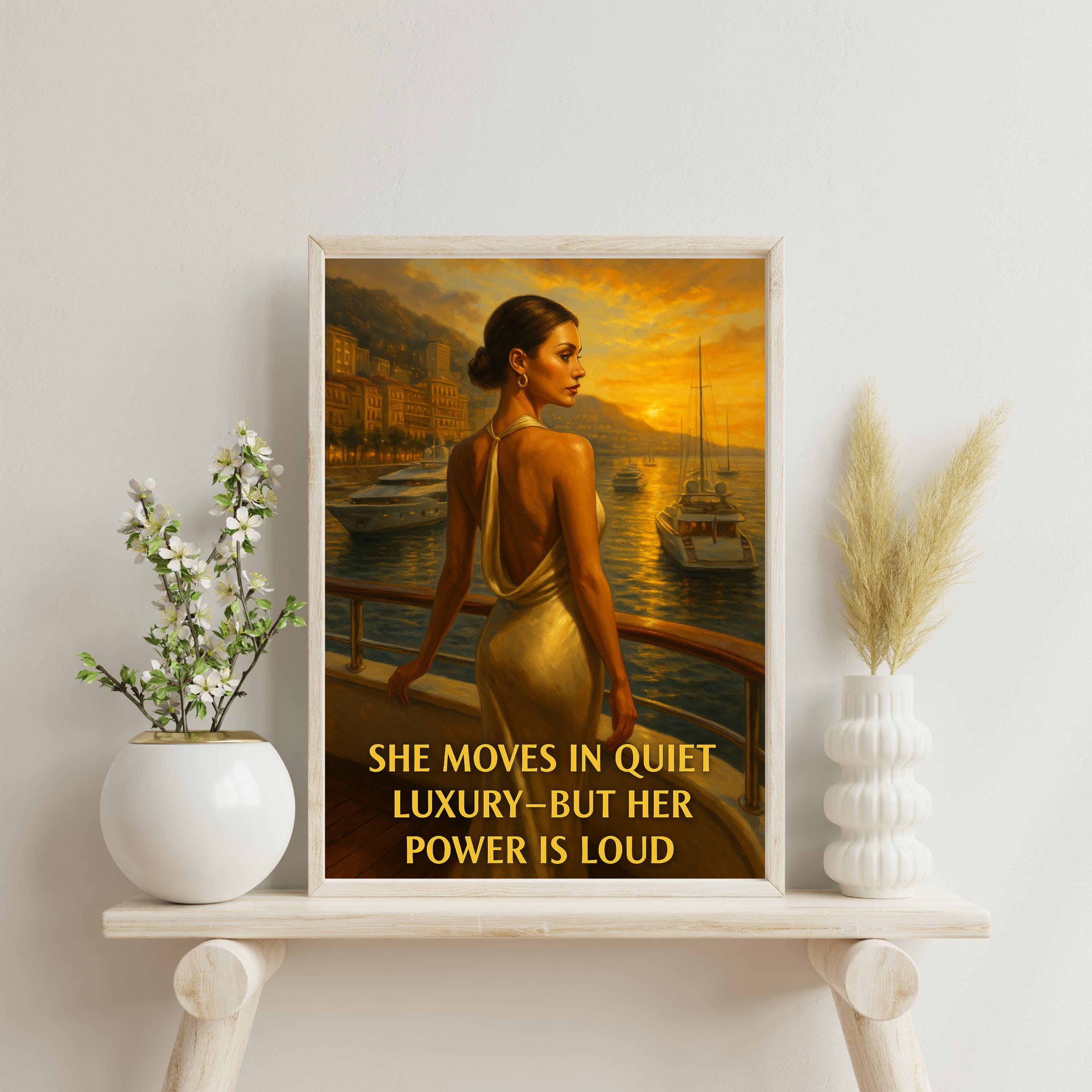 Elegant Woman in Monaco Wall Art – Digital Printable Luxury Poster, Fashionable Sunset Yacht Scene with Empowering Quote