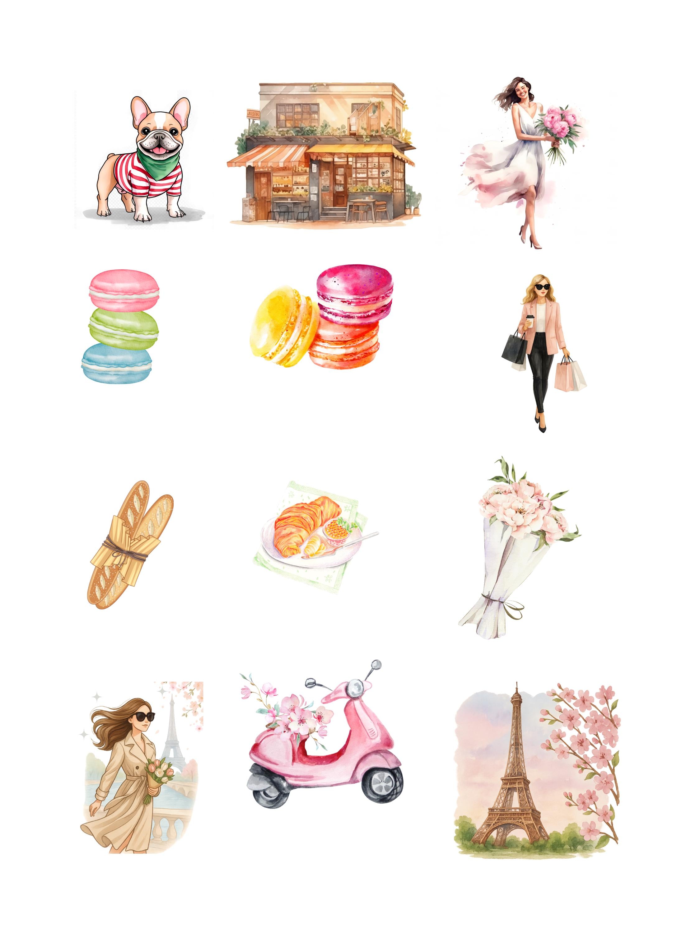 Paris Clipart Set | Feminine Watercolor Paris Illustrations | French Bulldog, Fashion Girl, Macarons | Instant Download PNG