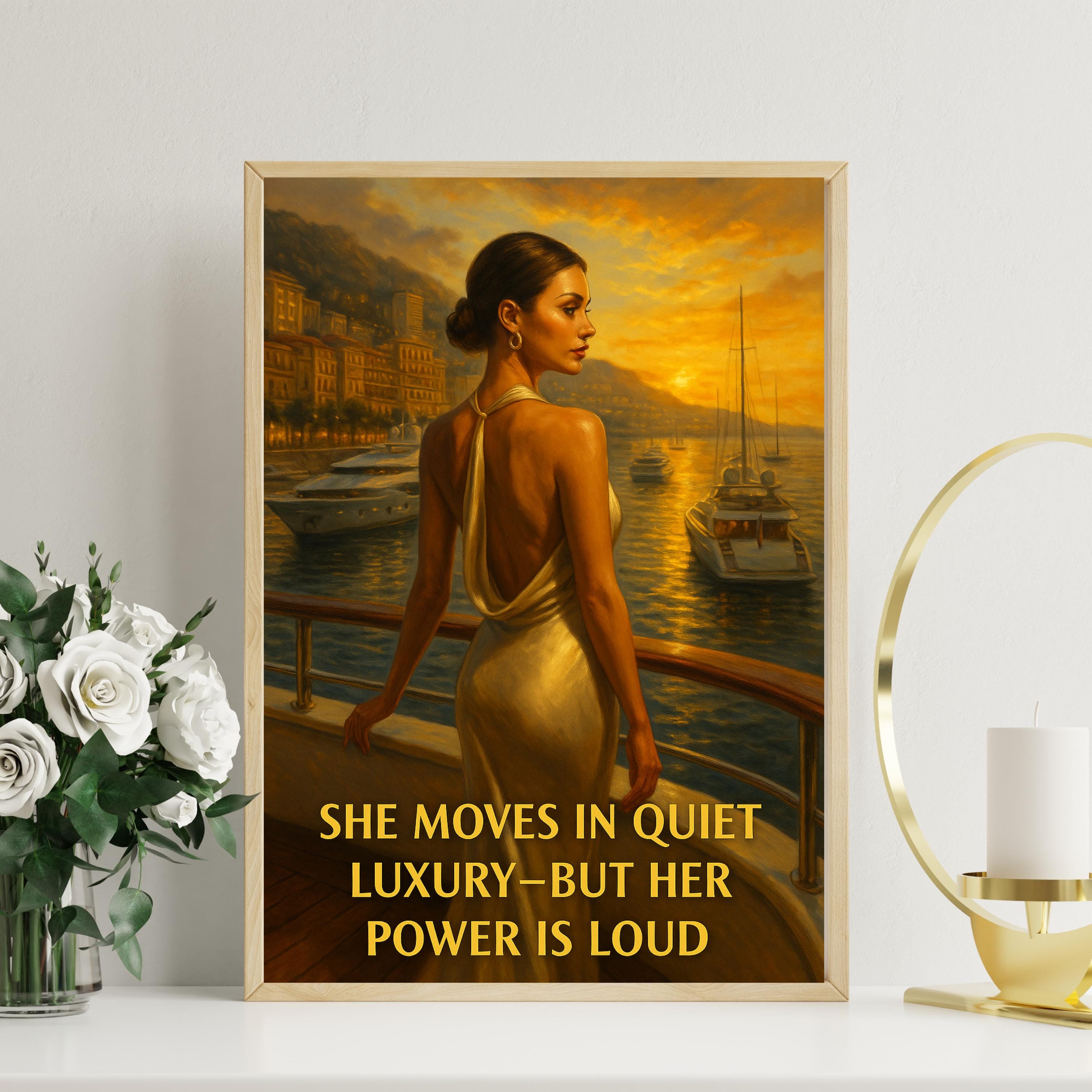 Elegant Woman in Monaco Wall Art – Digital Printable Luxury Poster, Fashionable Sunset Yacht Scene with Empowering Quote