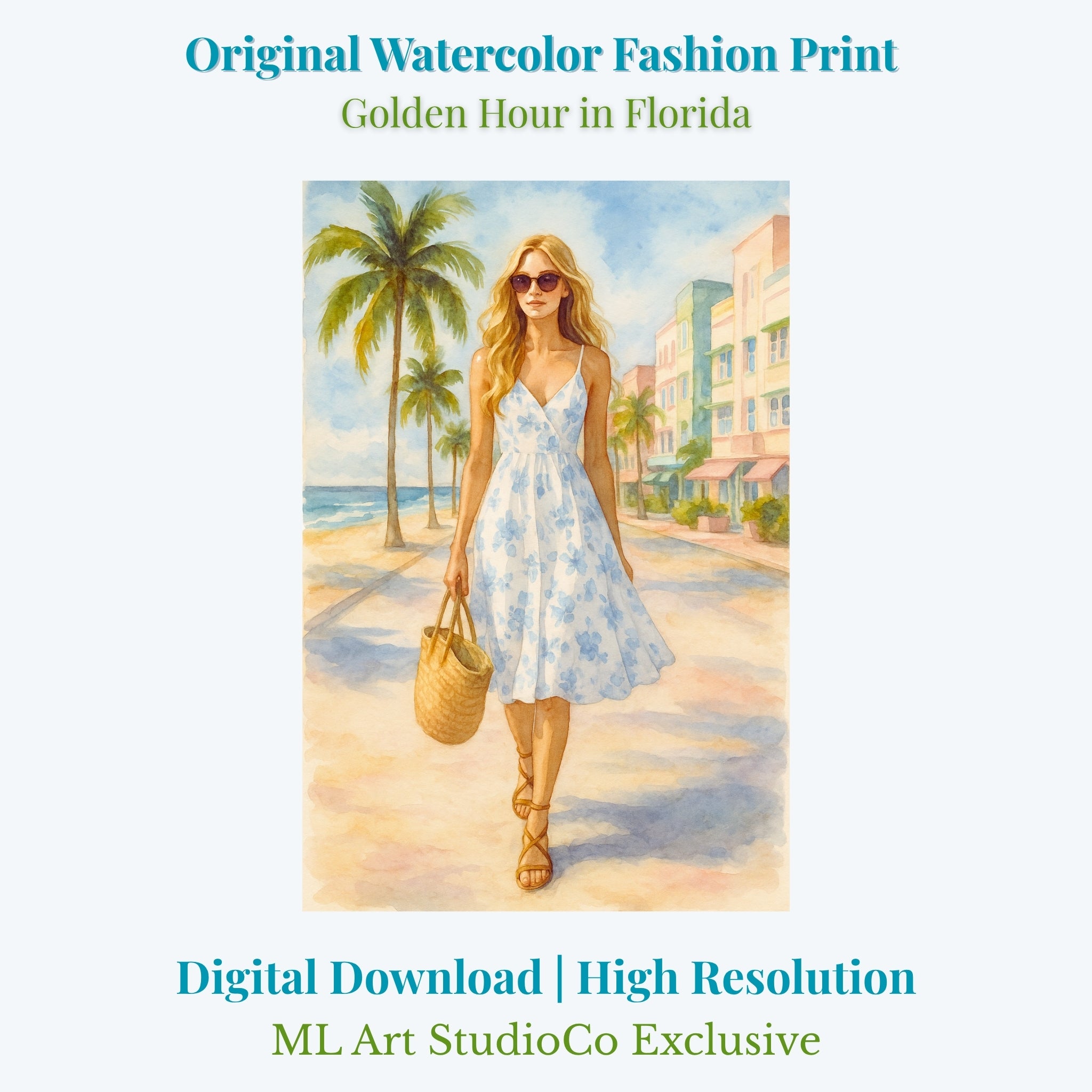 Florida Summer Fashion Girl – Watercolor Wall Art Printable