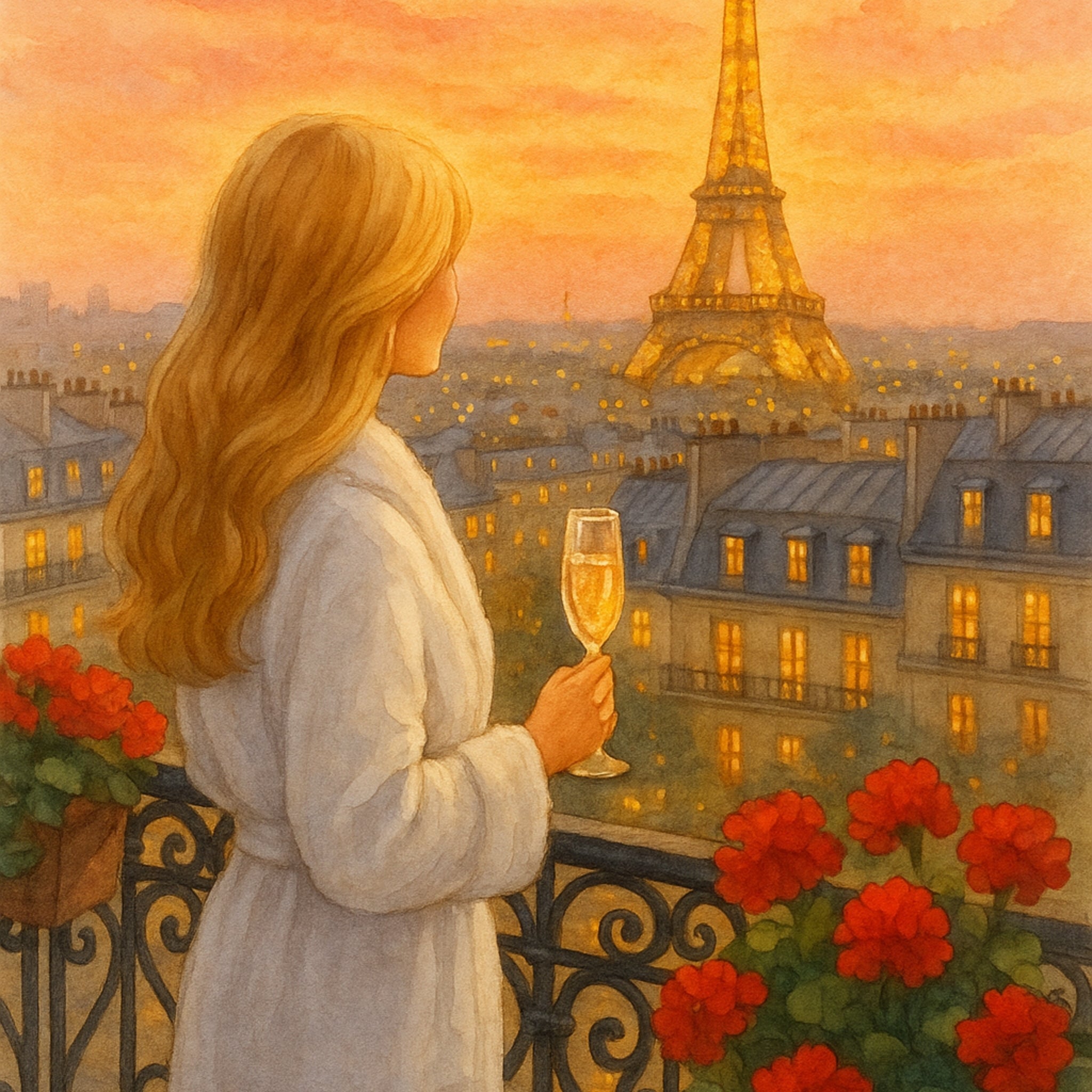 Woman on a balcony with Eiffel Tower and cityscape at sunset