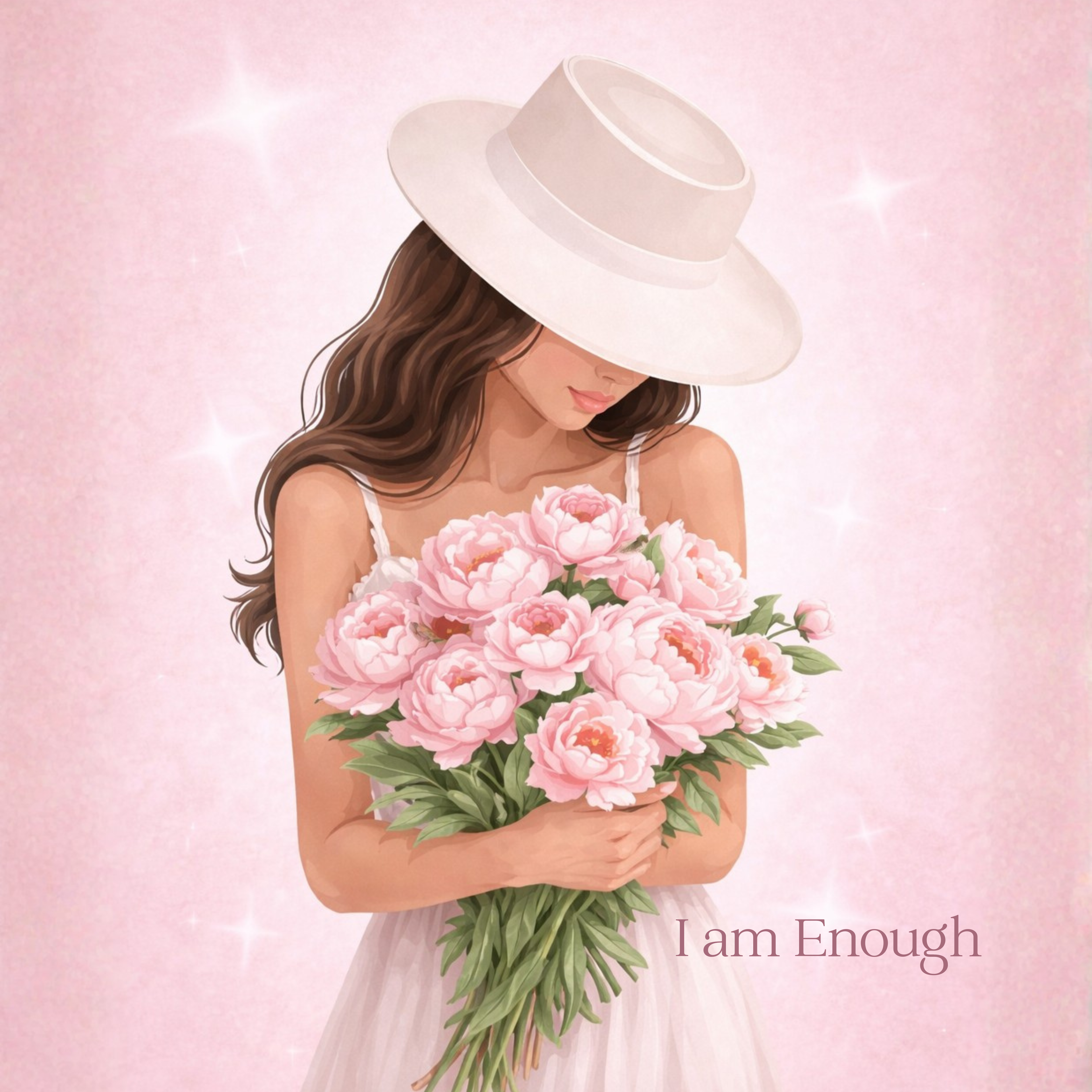 Woman holding pink flowers with a white hat on a pink background, featuring the text 'I am Enough'.