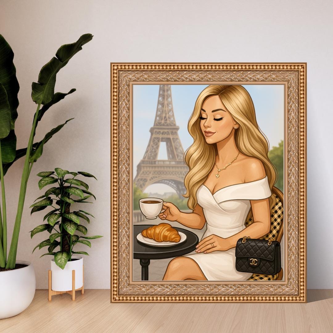 Paris Wall Art – Blond Woman Illustration with Eiffel Tower-Chic Coffee Moment Printable