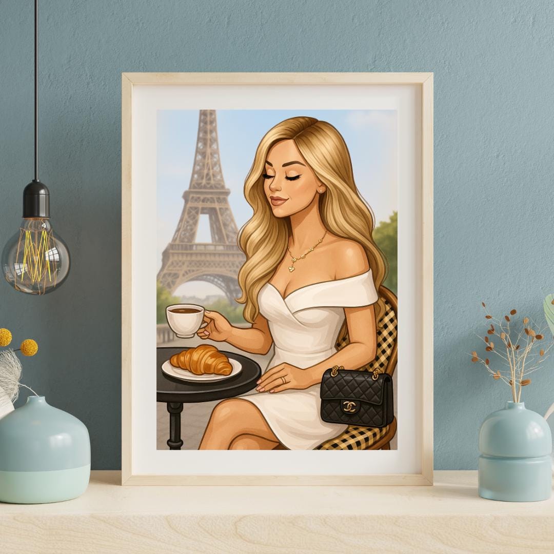 Paris Wall Art – Blond Woman Illustration with Eiffel Tower-Chic Coffee Moment Printable