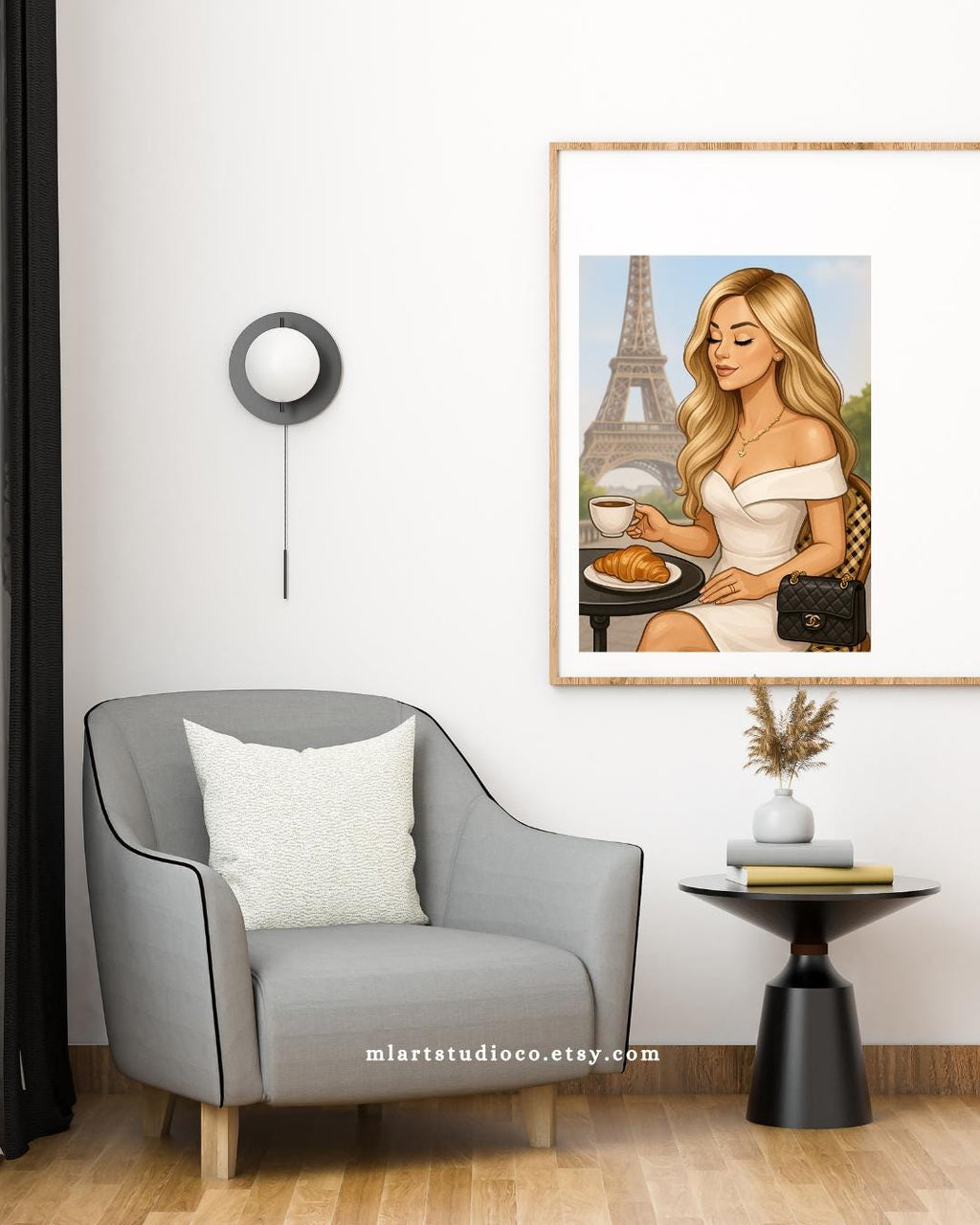 Paris Wall Art – Blond Woman Illustration with Eiffel Tower-Chic Coffee Moment Printable