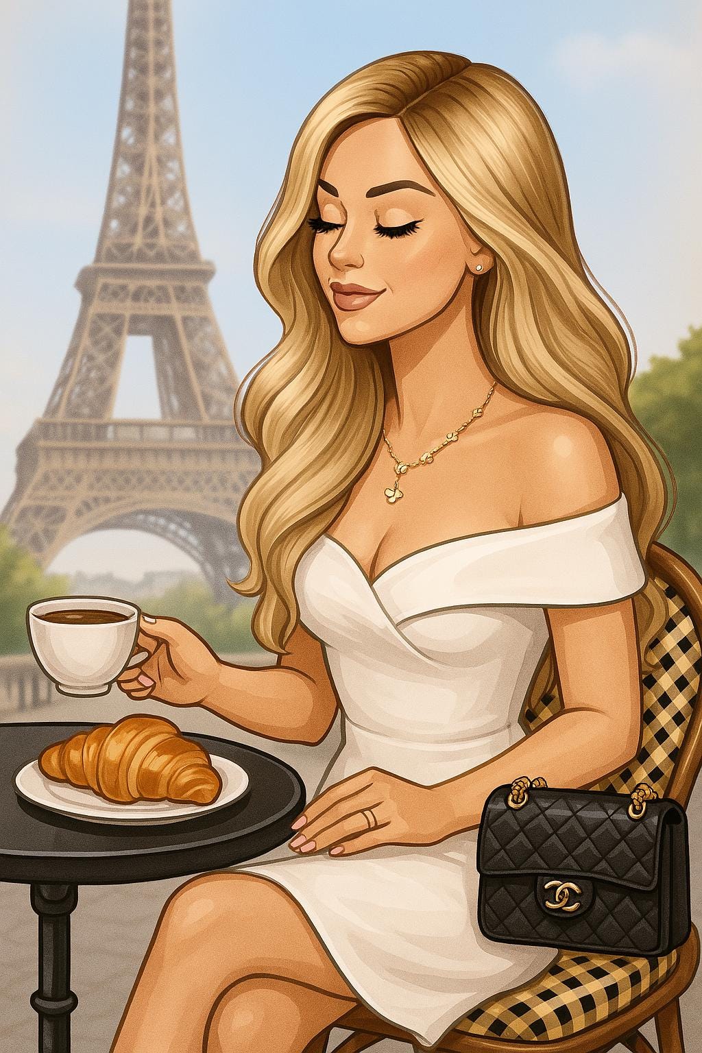 Paris Wall Art – Blond Woman Illustration with Eiffel Tower-Chic Coffee Moment Printable