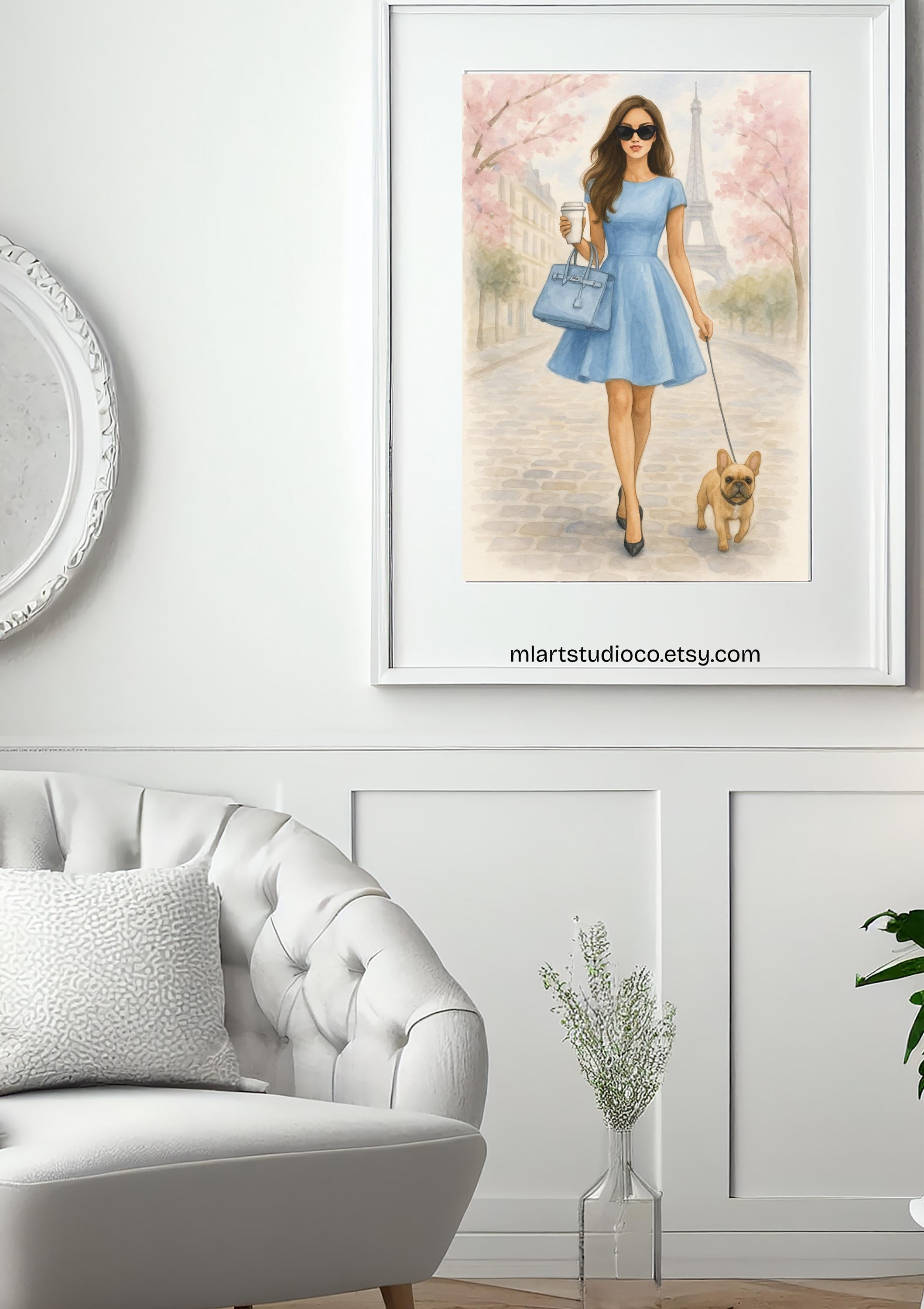 Paris Wall Art Printable – Woman in Blue Dress with Dog – Chic Digital Download for Bedroom or Office – Eiffel Tower Spring Fashion Poster