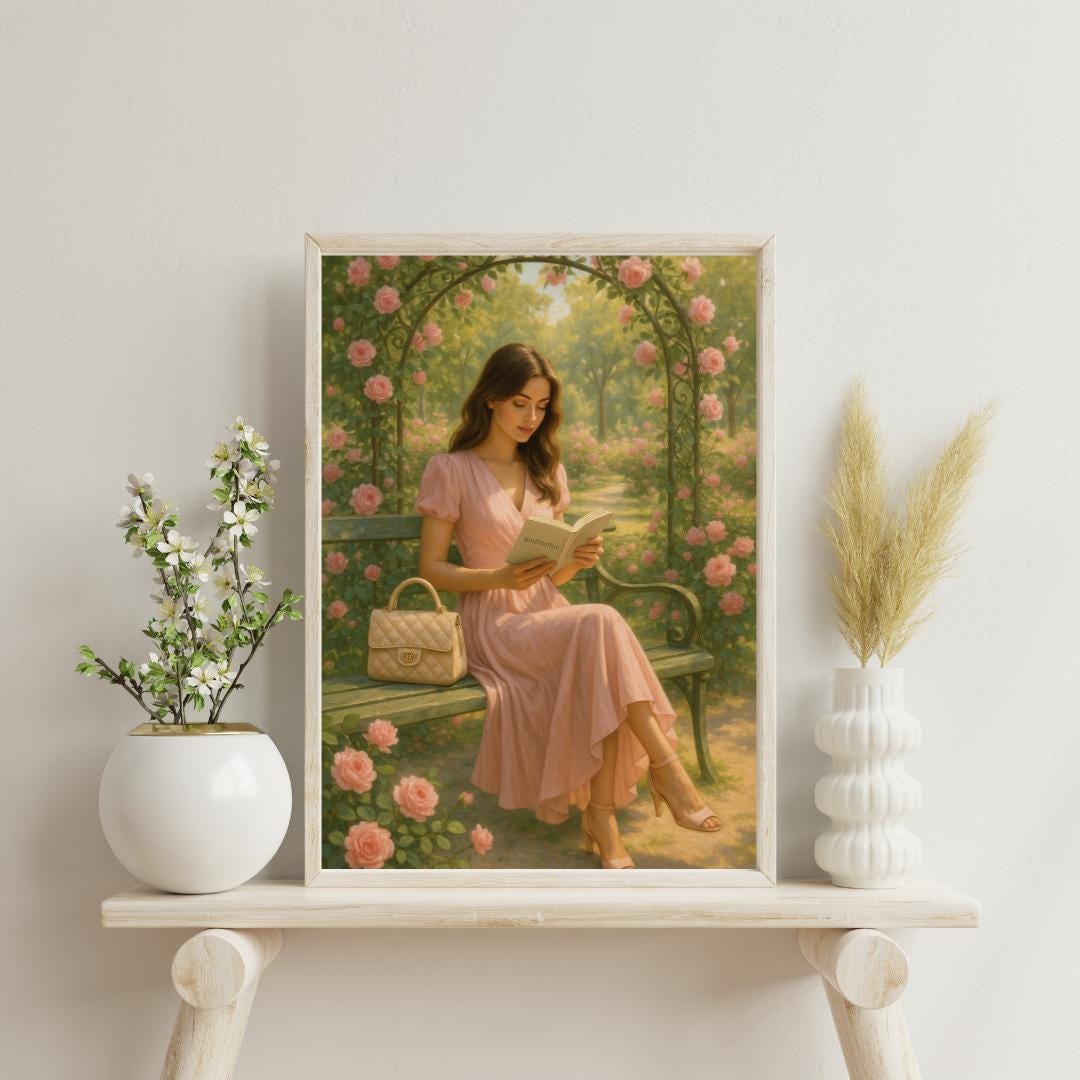Rose Garden Wall Art | Woman Reading in Pink Dress | Feminine Digital Download | Romantic Spring Printable | Floral Fashion Decor