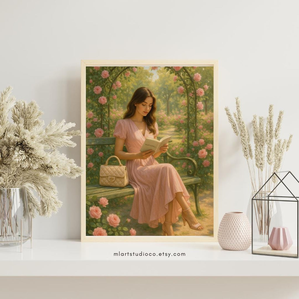 Rose Garden Wall Art | Woman Reading in Pink Dress | Feminine Digital Download | Romantic Spring Printable | Floral Fashion Decor