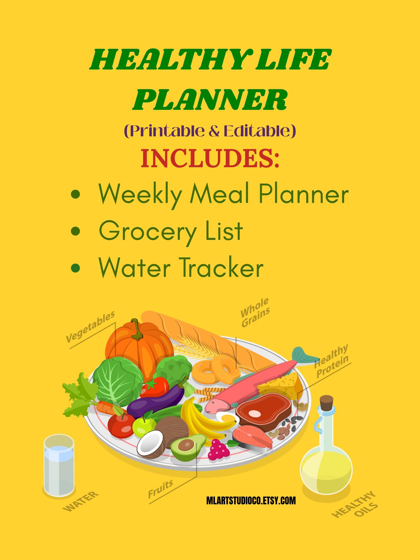 Healthy Life Planner Printable & Editable – Weekly Meal Planner, Grocery List, Water Tracker – Wellness PDF Download