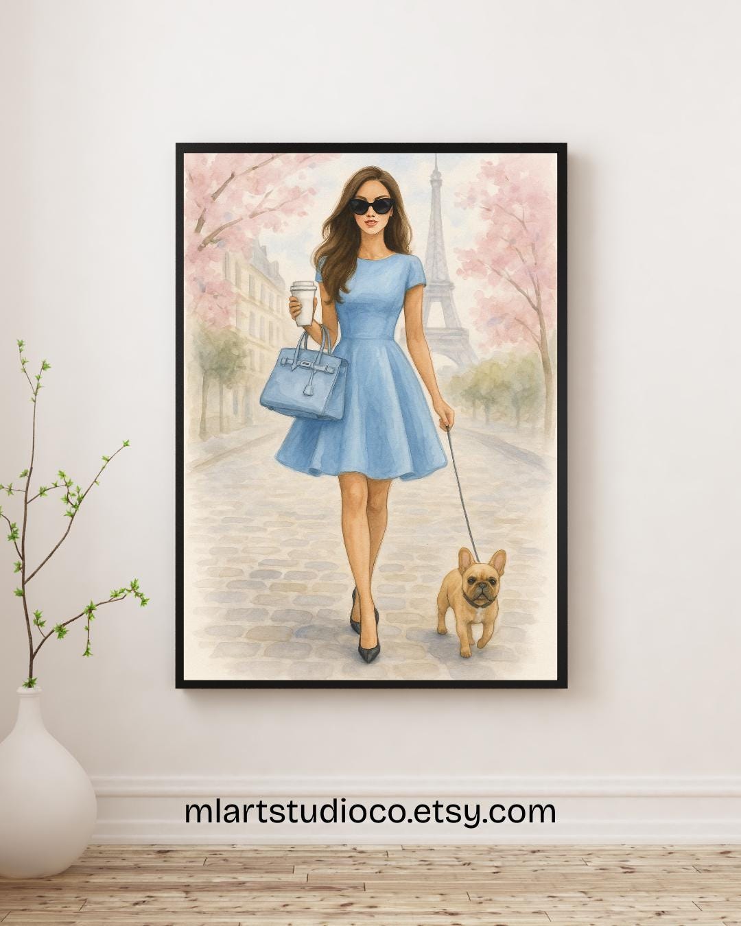 Paris Wall Art Printable – Woman in Blue Dress with Dog – Chic Digital Download for Bedroom or Office – Eiffel Tower Spring Fashion Poster