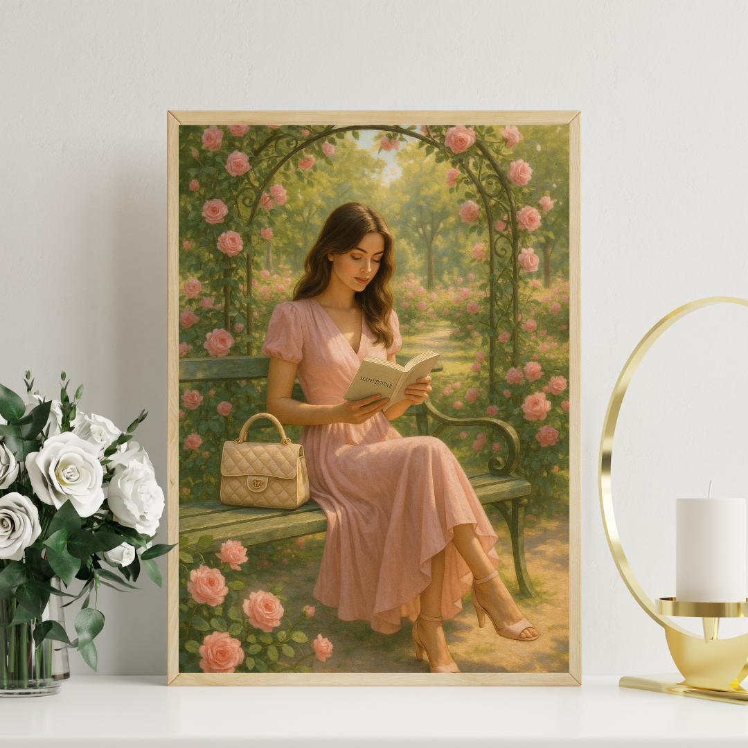 Rose Garden Wall Art | Woman Reading in Pink Dress | Feminine Digital Download | Romantic Spring Printable | Floral Fashion Decor
