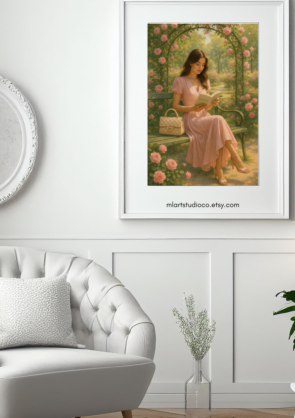 Rose Garden Wall Art | Woman Reading in Pink Dress | Feminine Digital Download | Romantic Spring Printable | Floral Fashion Decor