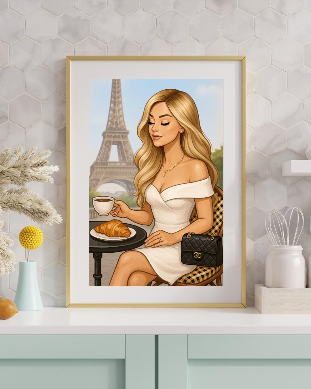Paris Wall Art – Blond Woman Illustration with Eiffel Tower-Chic Coffee Moment Printable