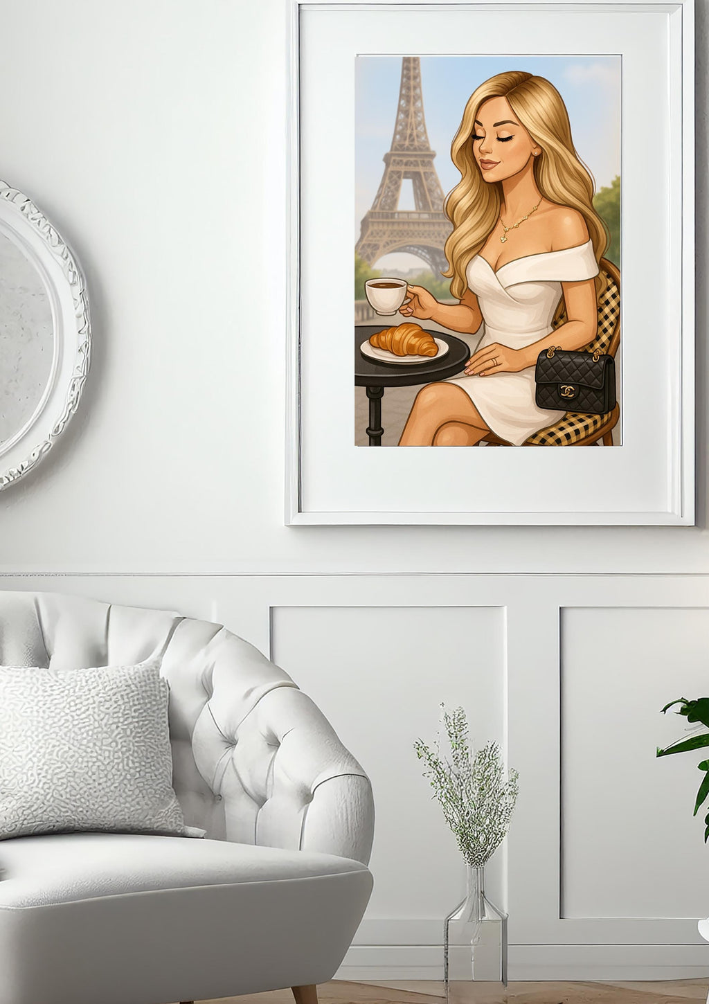 Paris Wall Art – Blond Woman Illustration with Eiffel Tower-Chic Coffee Moment Printable