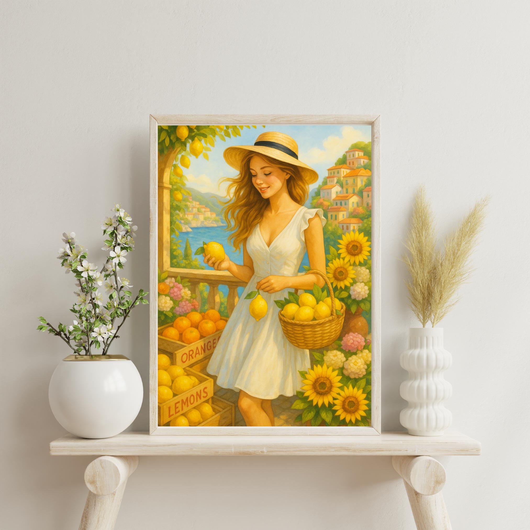 Printable Wall Art – Woman at Lemon Market Amalfi Coast | Elegant Kitchen Decor | Digital Download Wall Art for Home