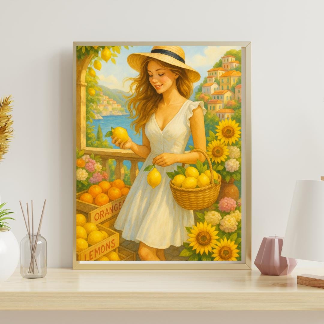 Printable Wall Art – Woman at Lemon Market Amalfi Coast | Elegant Kitchen Decor | Digital Download Wall Art for Home