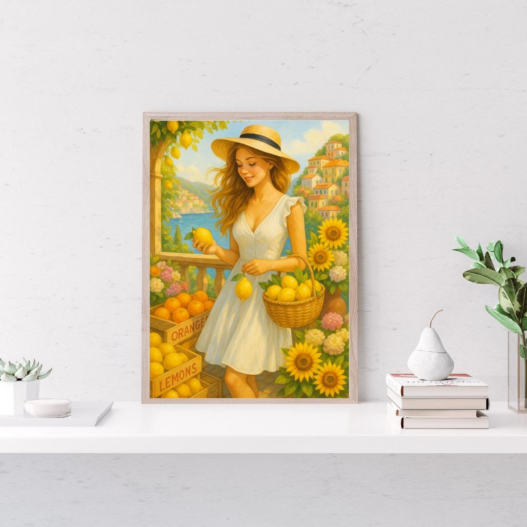 Printable Wall Art – Woman at Lemon Market Amalfi Coast | Elegant Kitchen Decor | Digital Download Wall Art for Home
