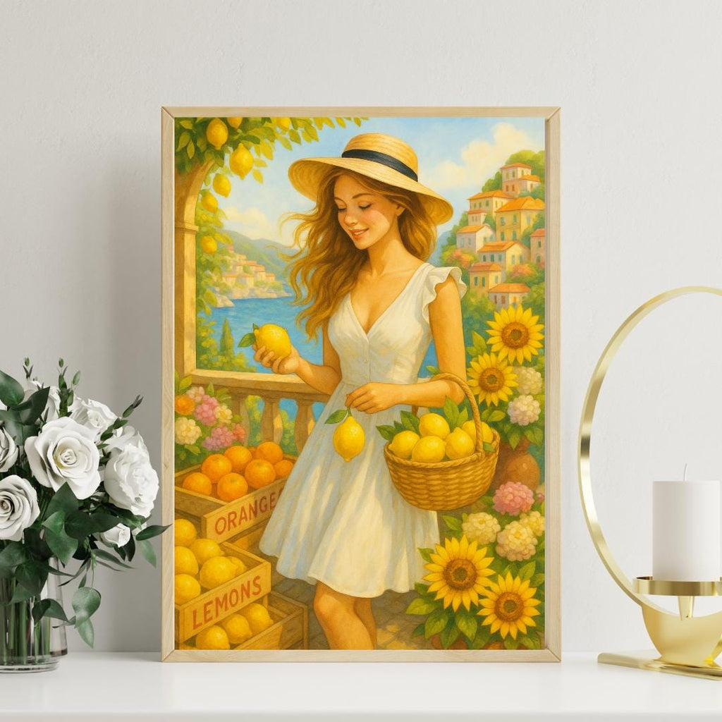 Printable Wall Art – Woman at Lemon Market Amalfi Coast | Elegant Kitchen Decor | Digital Download Wall Art for Home