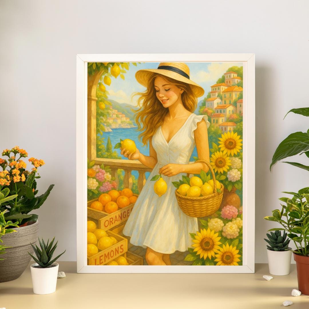 Printable Wall Art – Woman at Lemon Market Amalfi Coast | Elegant Kitchen Decor | Digital Download Wall Art for Home