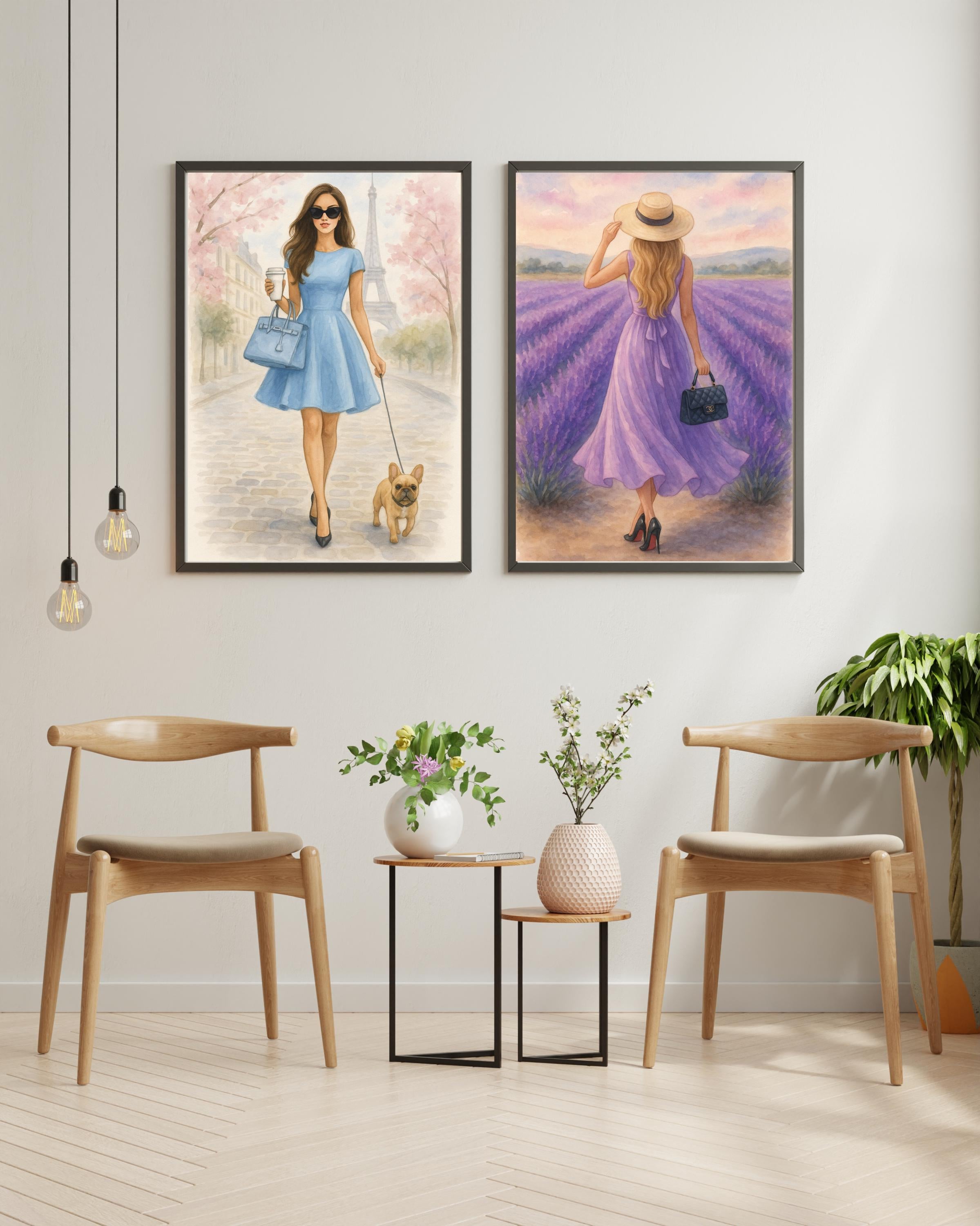 Paris Wall Art Printable – Woman in Blue Dress with Dog – Chic Digital Download for Bedroom or Office – Eiffel Tower Spring Fashion Poster