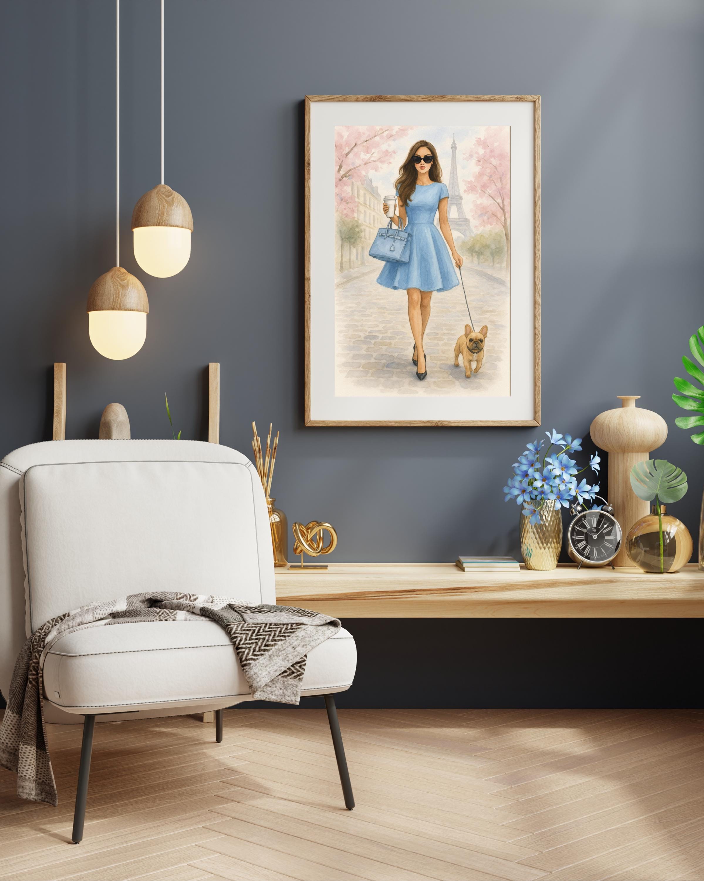 Paris Wall Art Printable – Woman in Blue Dress with Dog – Chic Digital Download for Bedroom or Office – Eiffel Tower Spring Fashion Poster