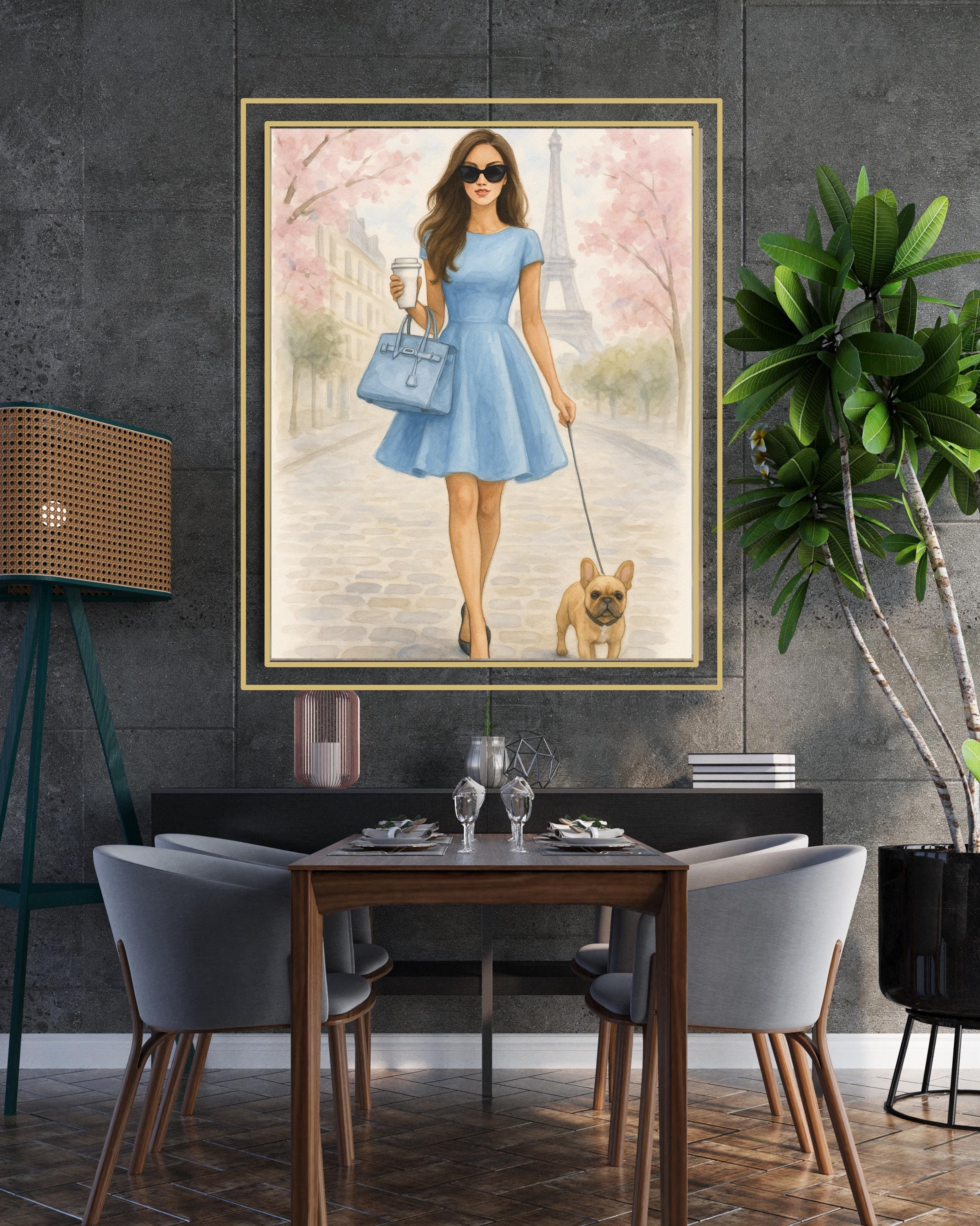 Paris Wall Art Printable – Woman in Blue Dress with Dog – Chic Digital Download for Bedroom or Office – Eiffel Tower Spring Fashion Poster