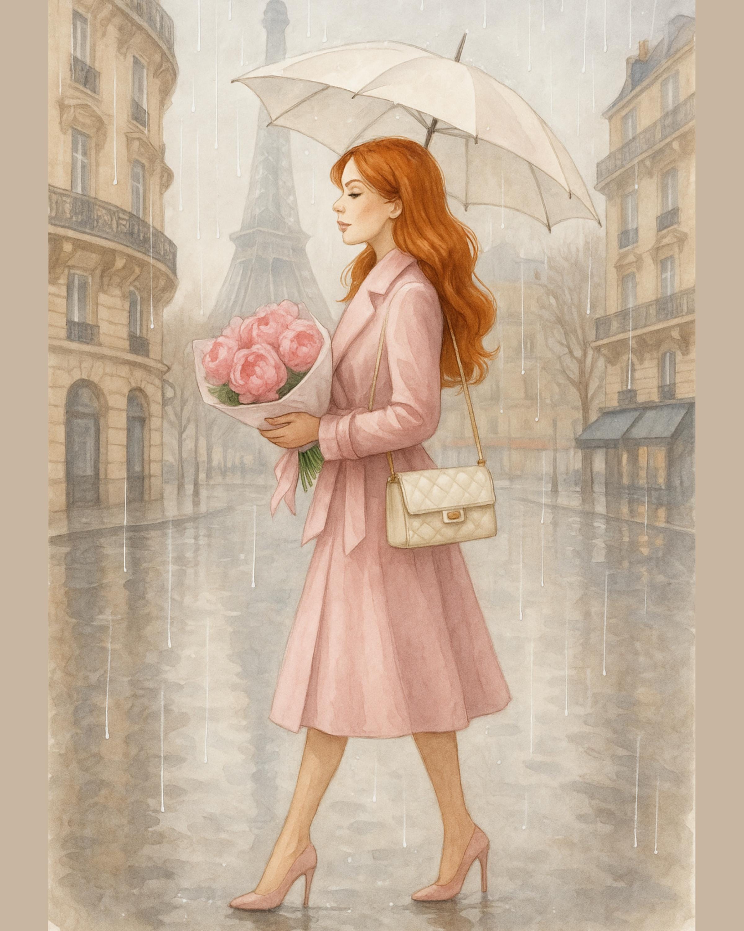 Rainy Day in Paris Wall Art | Redhead Woman with Umbrella | Feminine Paris Fashion Print | Romantic Digital Download